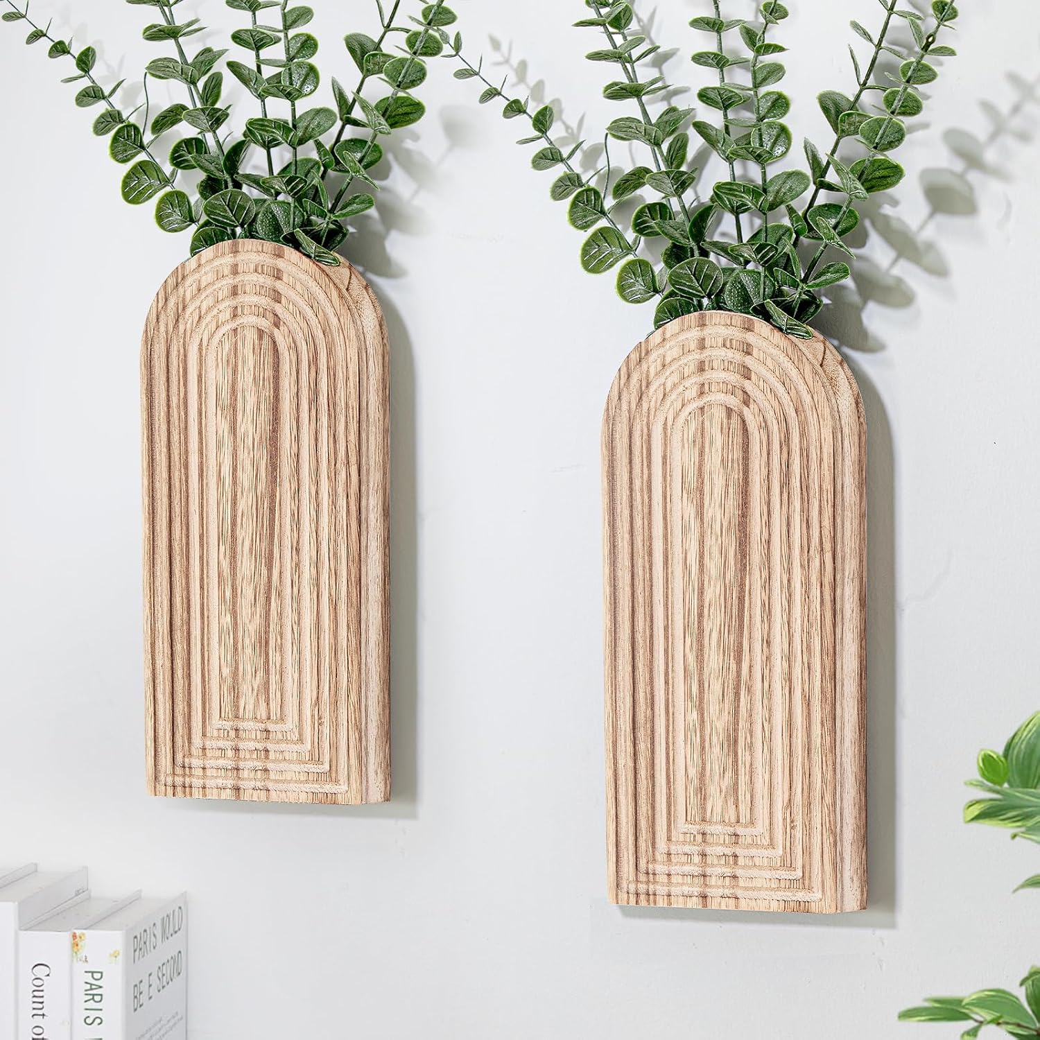 Wooden Wall Planter Vase Set of 2, Boho Hanging Planter for Indoor Plants & Flowers, Natural Wood Wall-Mounted Planters for Art Home Decor - Living Room, Bedroom, Bathroom, Patio (Brown)