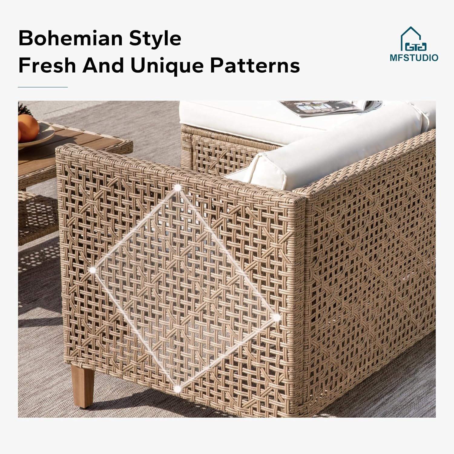 MFSTUDIO L Shaped Outdoor Couch Set, Wicker Patio Furniture Set, Rattan Outdoor Sectional Sofa with Acacia Wood Coffee Table, 3 Pieces Small Patio Conversation Set for Backyard, Beige