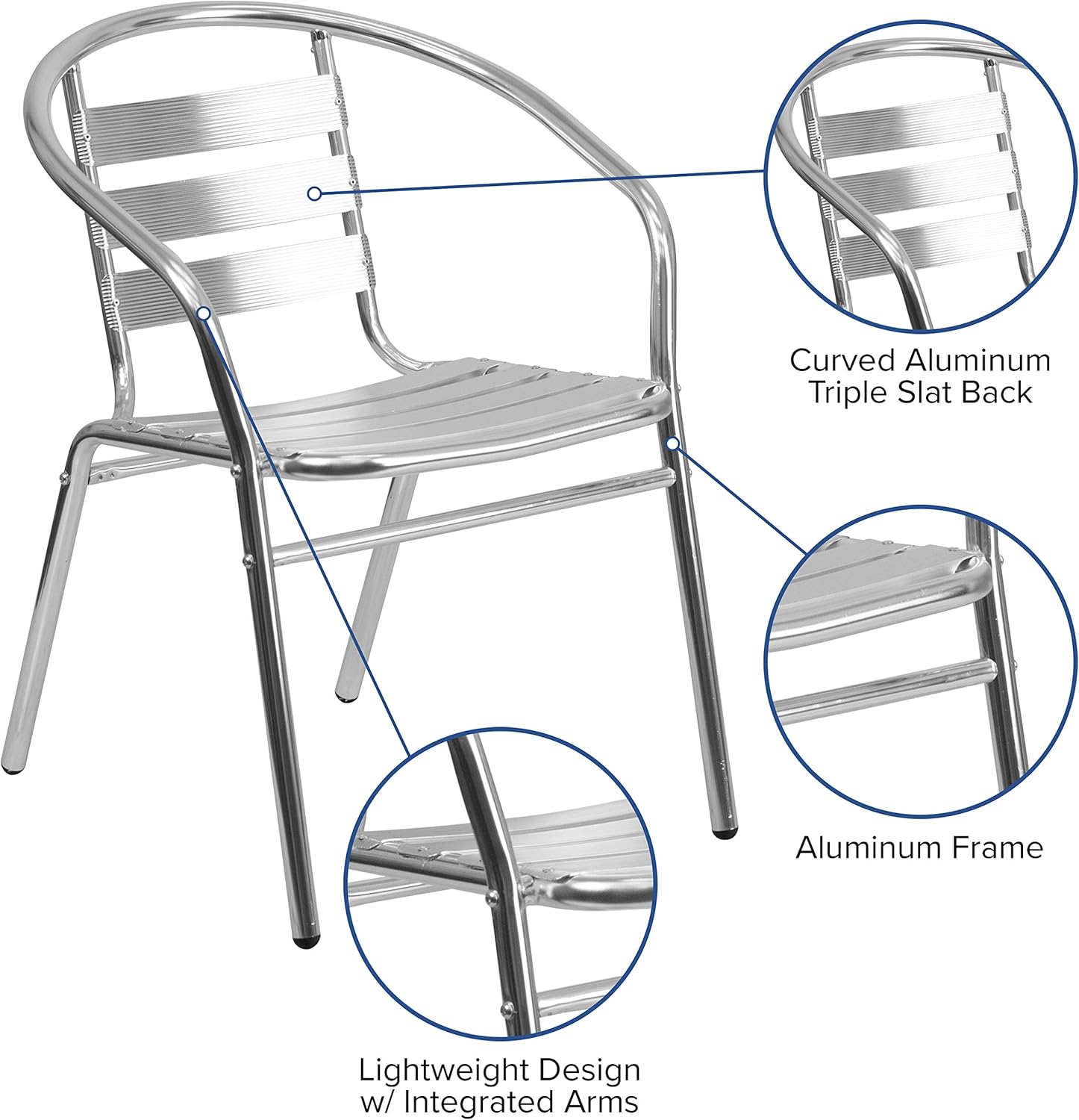 EMMA + OLIVER Aluminum Indoor-Outdoor Stack Chair with Triple Slat Back and Arms