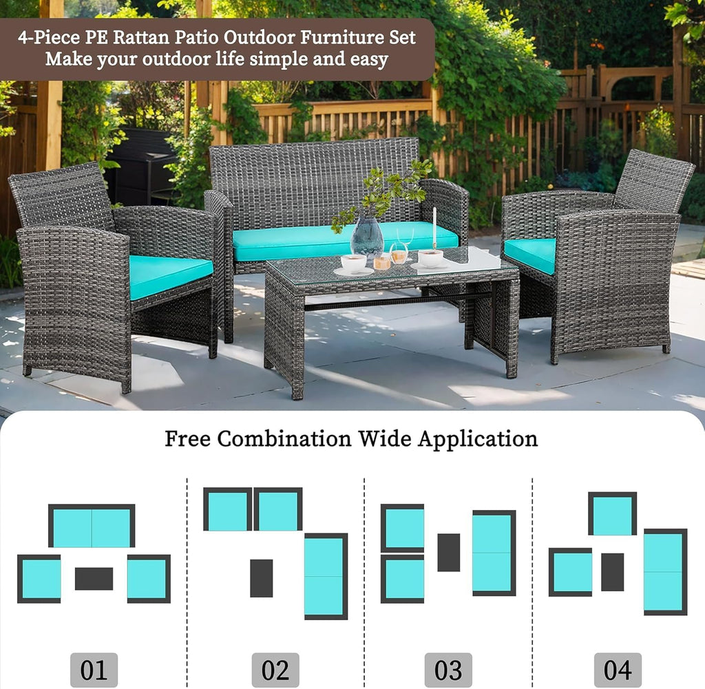 4 Piece Patio Ratten Set Outdoor Furniture Set Wicker Conversation Set with Cushions and Tempered Glass Tabletop,Blue
