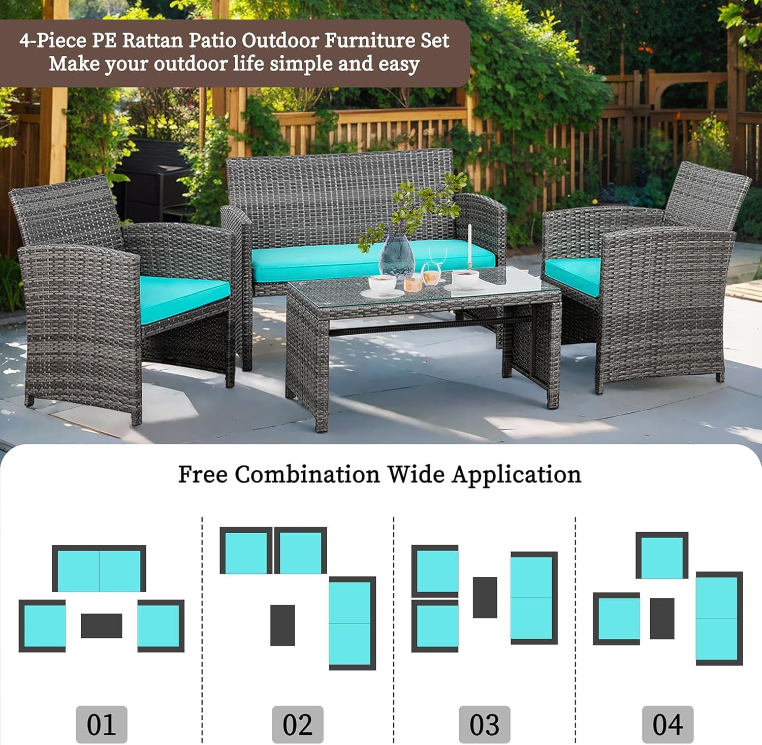 4 Piece Patio Ratten Set Outdoor Furniture Set Wicker Conversation Set with Cushions and Tempered Glass Tabletop,Blue