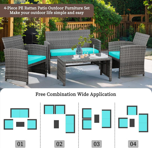 4 Piece Patio Ratten Set Outdoor Furniture Set Wicker Conversation Set with Cushions and Tempered Glass Tabletop,Blue