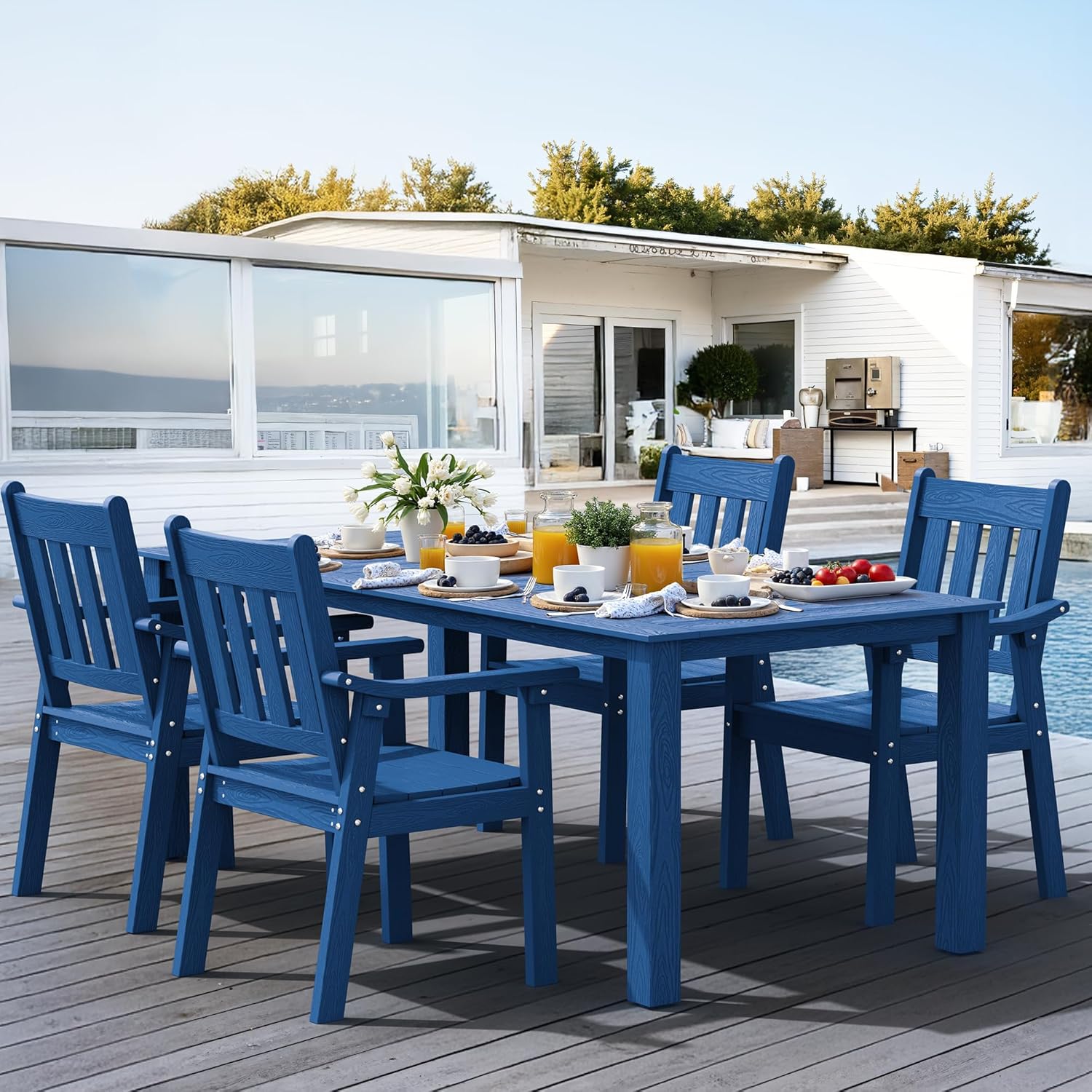 YEFU HIPS Patio Table Set: 7 Piece Outdoor Table and Chairs Dining Furniture Set with Umbrella Hole - Teak Modern Plastic Dining Sets 6 Person for Outside Deck with Metal Aluminum Frame