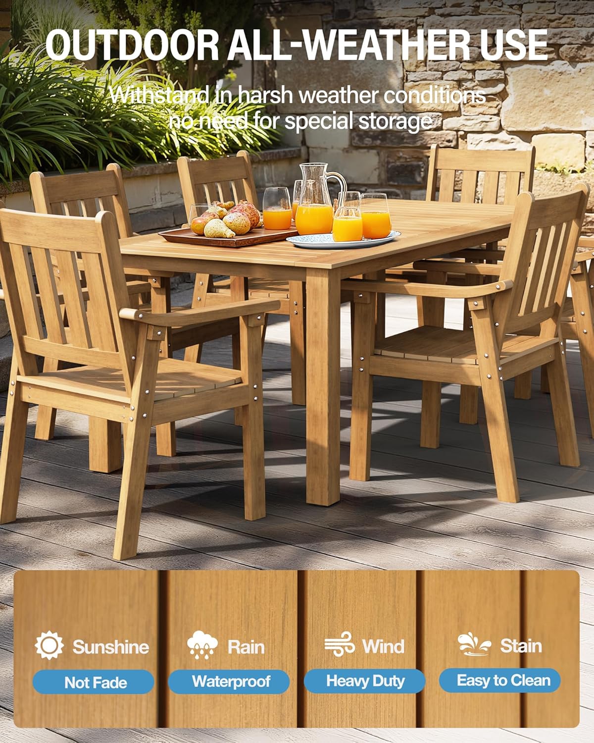 YEFU HIPS Patio Table Set: 7 Piece Outdoor Table and Chairs Dining Furniture Set with Umbrella Hole - Teak Modern Plastic Dining Sets 6 Person for Outside Deck with Metal Aluminum Frame