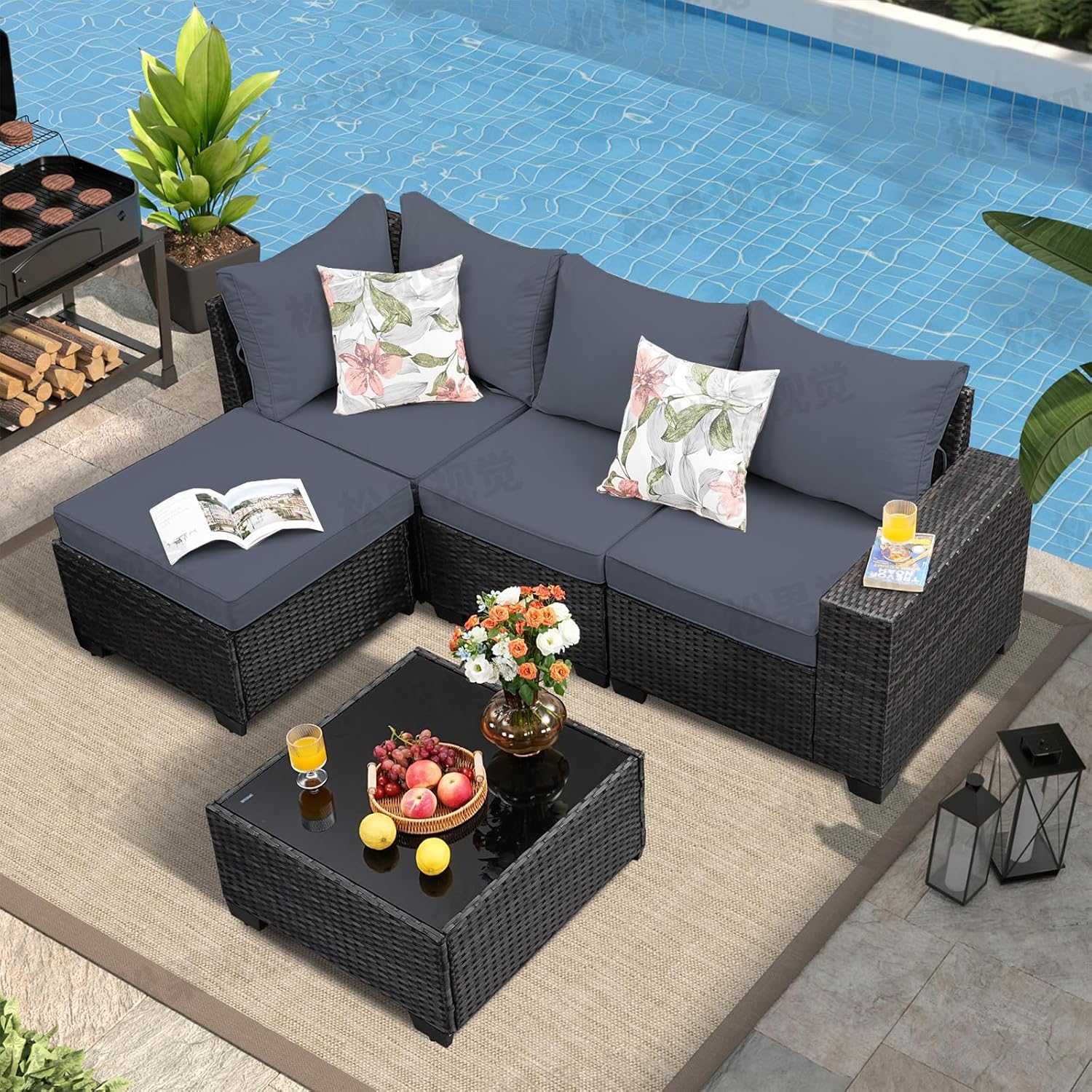 5 Pieces Outdoor Patio Furniture Set, Wicker Conversation Sets with Tea Table, Rattan Patio Sofa with Thick Cushions for Garden, Backyard, Poolside, Party, Beige