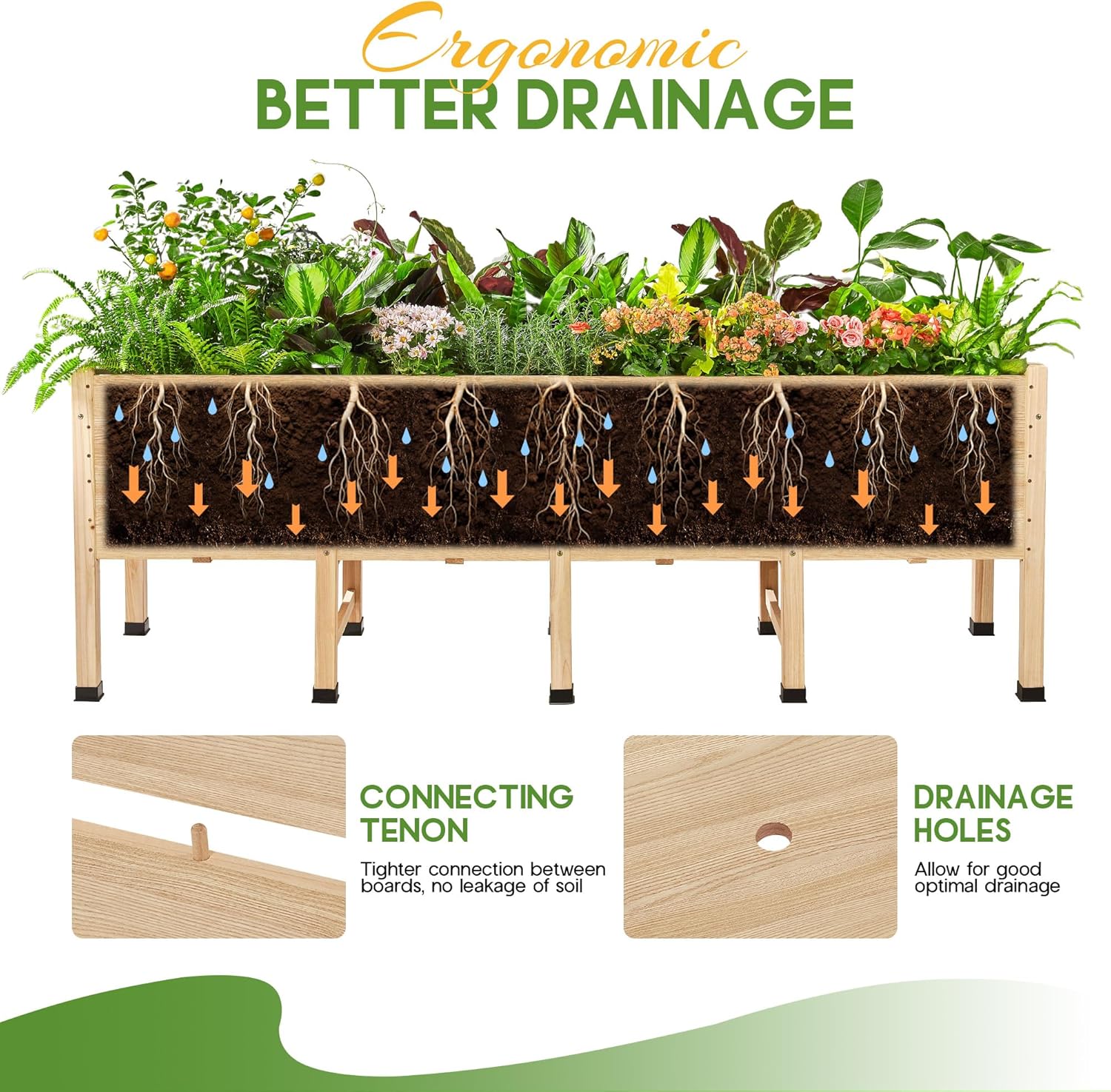 AMERLIFE 8x2 Ft Raised Garden Bed, 16 Inch Depth Featuring Legs, Drainage Holes, Ideal for Deep Rooted Vegetables, Flowers, Herbs, Elevated Wood Planter Box for Balcony, Patio, Backyard, Easy Assembly