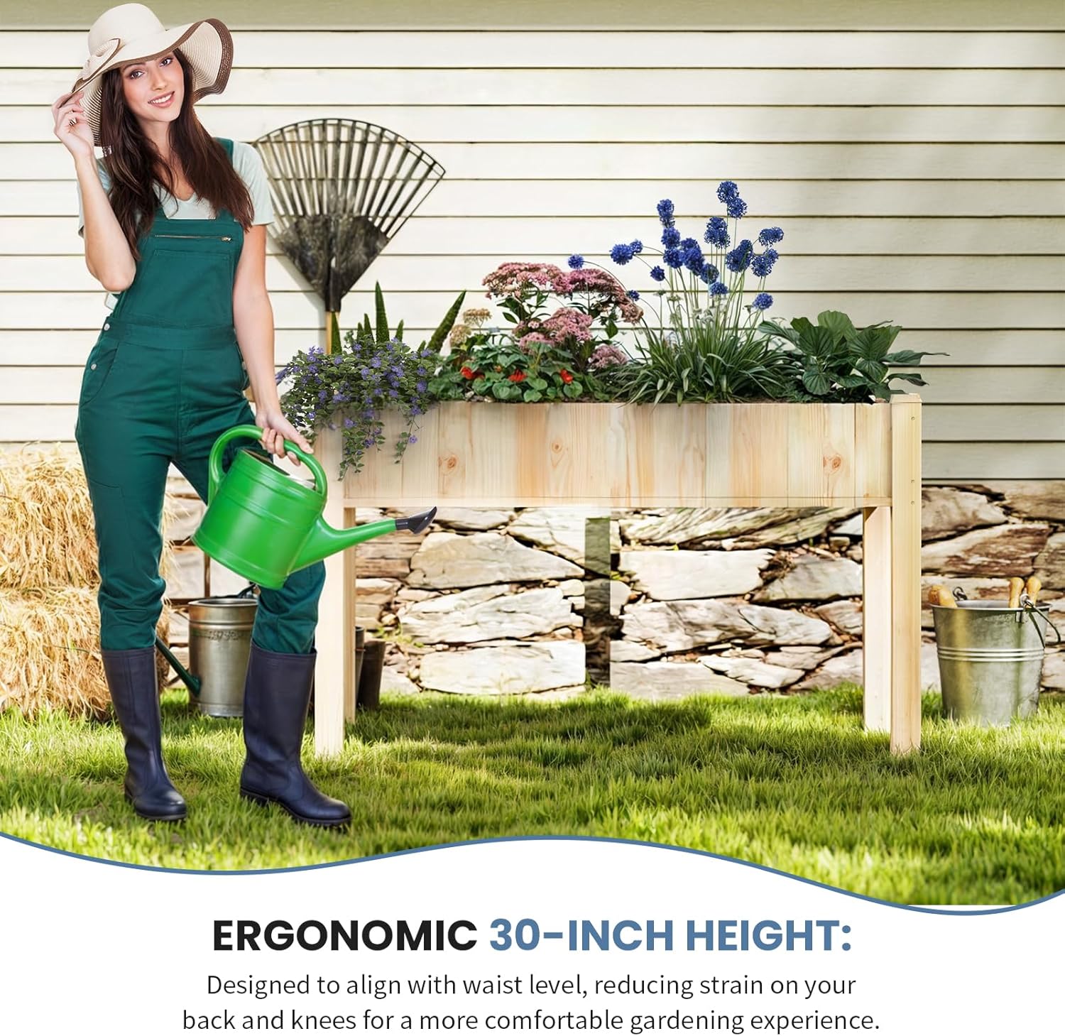 DUMOS Raised Garden Bed with Legs, 48x24x30in Wood Elevated Planter Box w/Bed Liner for Herbs Flowers Vegetables, 300lbs Capacity Outdoor Gardening Planters for Patio Balcony Backyard, Natural Wood