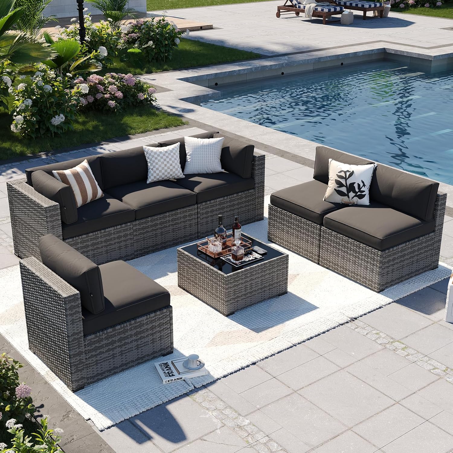 Aoxun Patio Furniture Sets, 7-Piece Outdoor Patio Furniture with Thick Cushions, Wicker Outdoor Conversation Set Sectional Sofa for Backyard, Poolside, Garden