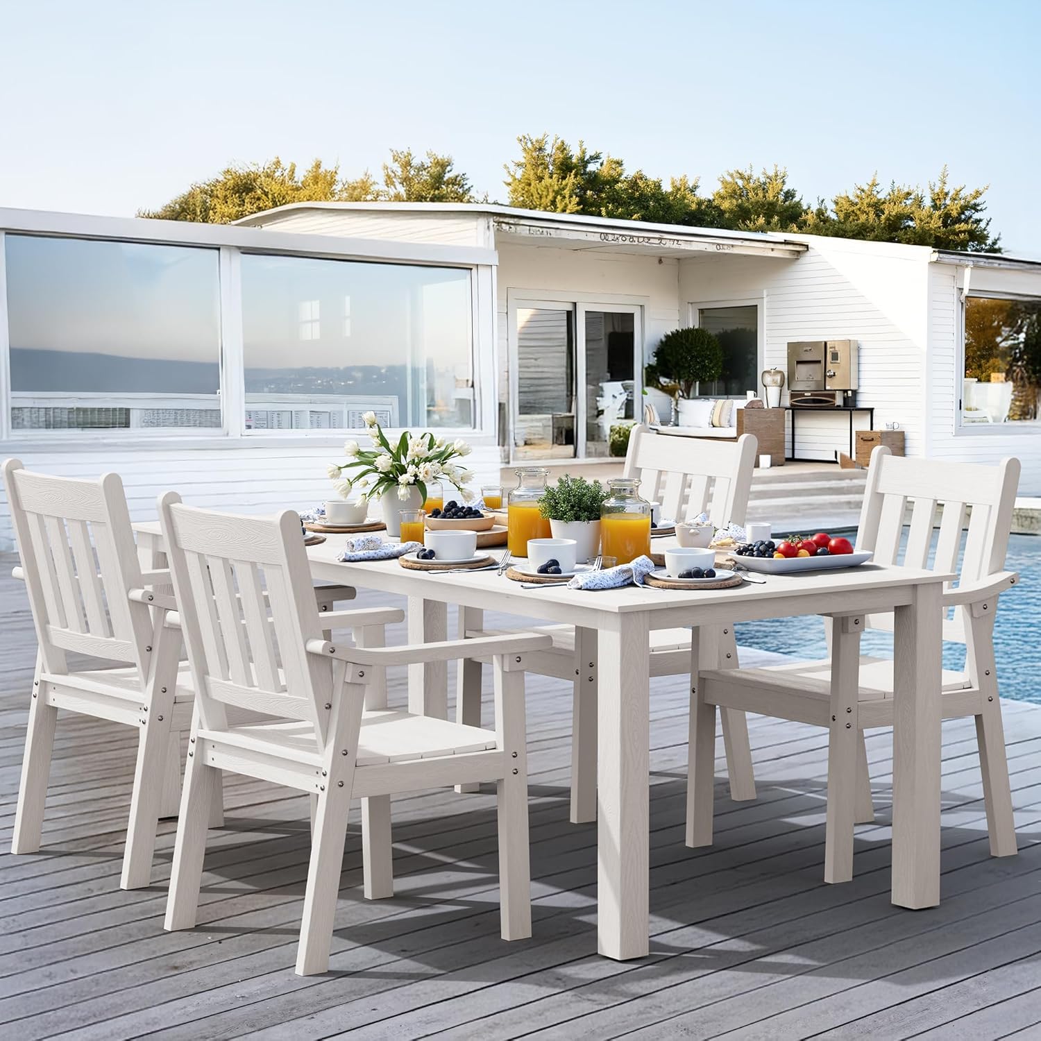 YEFU HIPS Patio Table Set: 7 Piece Outdoor Table and Chairs Dining Furniture Set with Umbrella Hole - Teak Modern Plastic Dining Sets 6 Person for Outside Deck with Metal Aluminum Frame