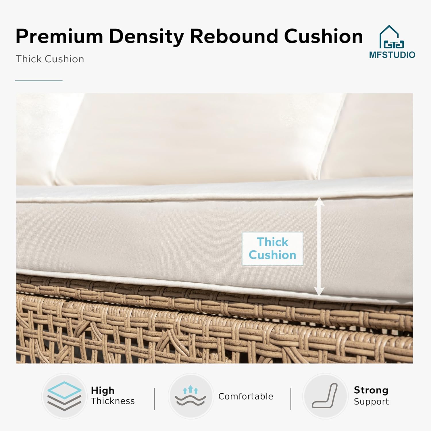 MFSTUDIO L Shaped Outdoor Couch Set, Wicker Patio Furniture Set, Rattan Outdoor Sectional Sofa with Acacia Wood Coffee Table, 3 Pieces Small Patio Conversation Set for Backyard, Beige