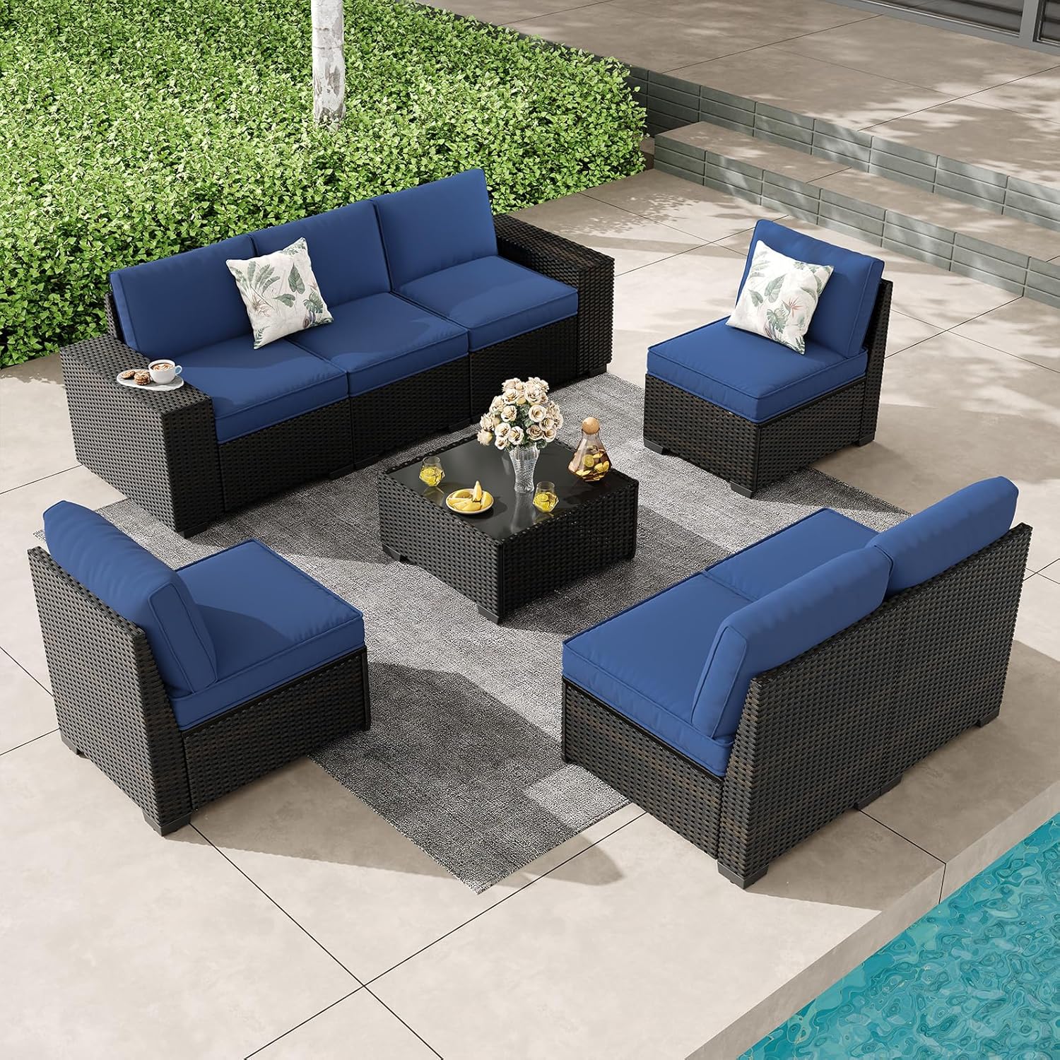5 Pieces Outdoor Patio Furniture Set, Wicker Conversation Sets with Tea Table, Rattan Patio Sofa with Thick Cushions for Garden, Backyard, Poolside, Party, Beige