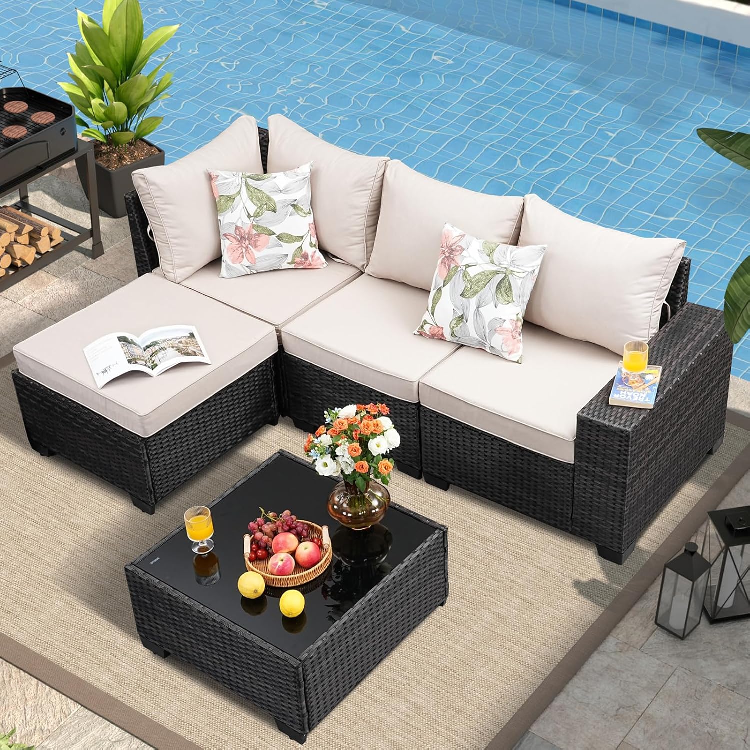 5 Pieces Outdoor Patio Furniture Set, Wicker Conversation Sets with Tea Table, Rattan Patio Sofa with Thick Cushions for Garden, Backyard, Poolside, Party, Beige
