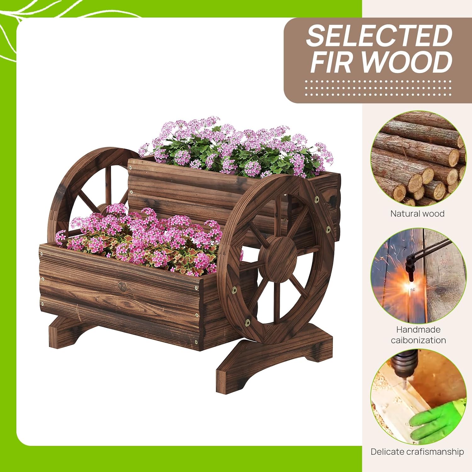 Wooden Wagon Planter Wooden Flower Cart with Wheels Outdoor Garden Planter, Decor Planter for Patio Balcony Decoration Succulent Flower Pot Flower Cart for Indoor Backyard Balcon (Carbonized)