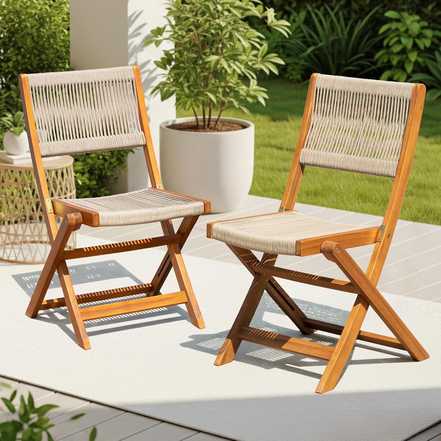 IDZO, Percy Chairs Heavy Duty 400lbs Capacity Set of 2 w/Cushion, FSC Acacia Outdoor Furniture, Teak Finish, Fully Assembled, Wood Folding_Beige