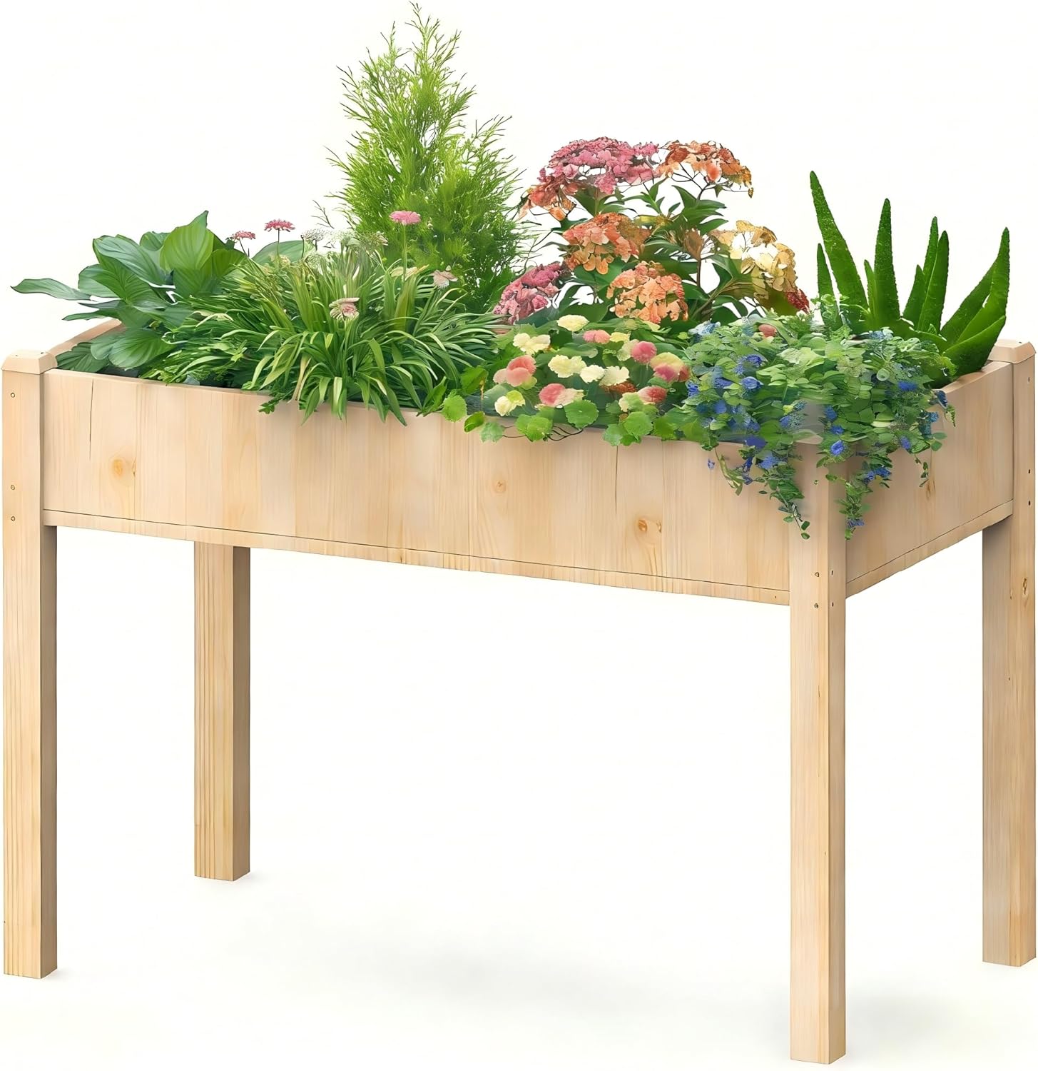 DUMOS Raised Garden Bed with Legs, 48x24x30in Wood Elevated Planter Box w/Bed Liner for Herbs Flowers Vegetables, 300lbs Capacity Outdoor Gardening Planters for Patio Balcony Backyard, Natural Wood