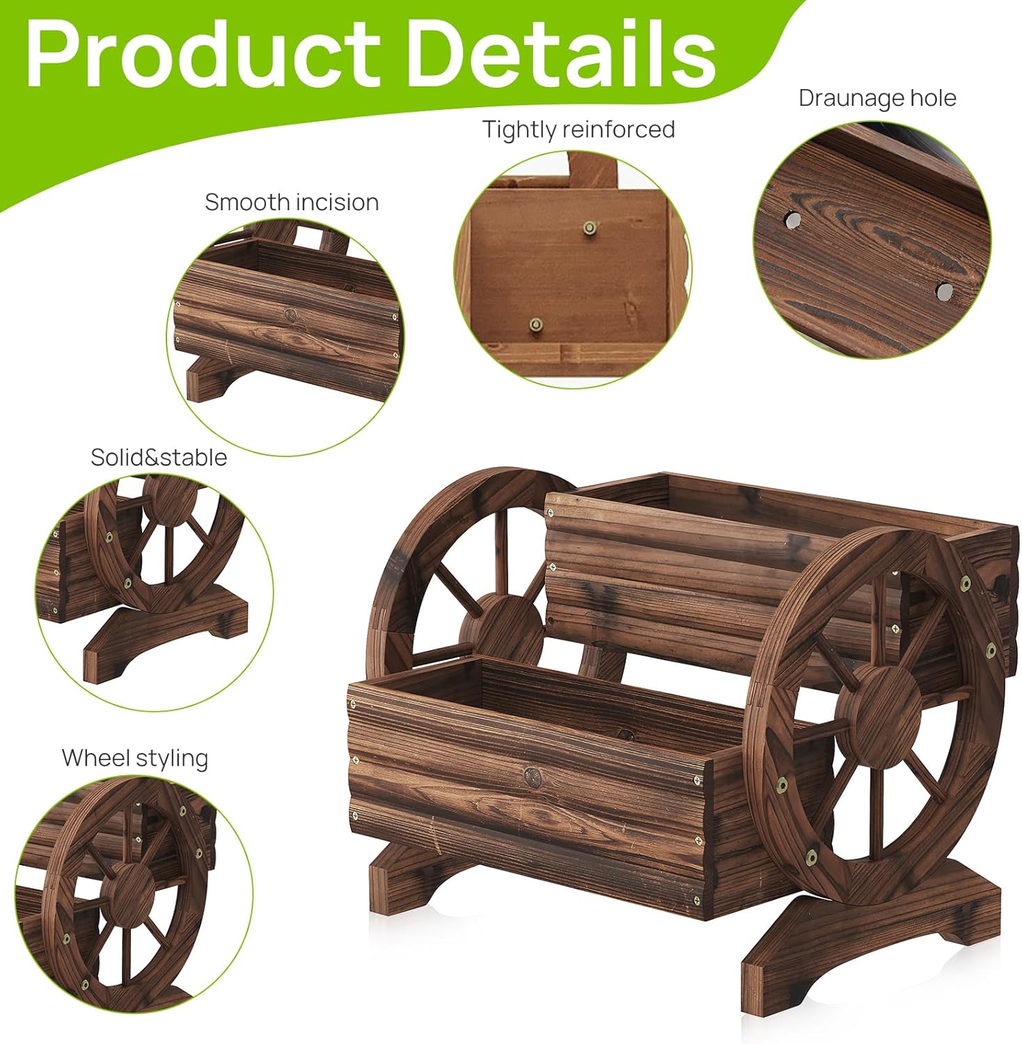 Wooden Wagon Planter Wooden Flower Cart with Wheels Outdoor Garden Planter, Decor Planter for Patio Balcony Decoration Succulent Flower Pot Flower Cart for Indoor Backyard Balcon (Carbonized)