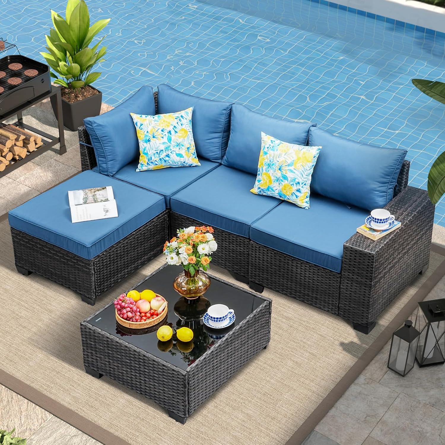 5 Pieces Outdoor Patio Furniture Set, Wicker Conversation Sets with Tea Table, Rattan Patio Sofa with Thick Cushions for Garden, Backyard, Poolside, Party, Beige