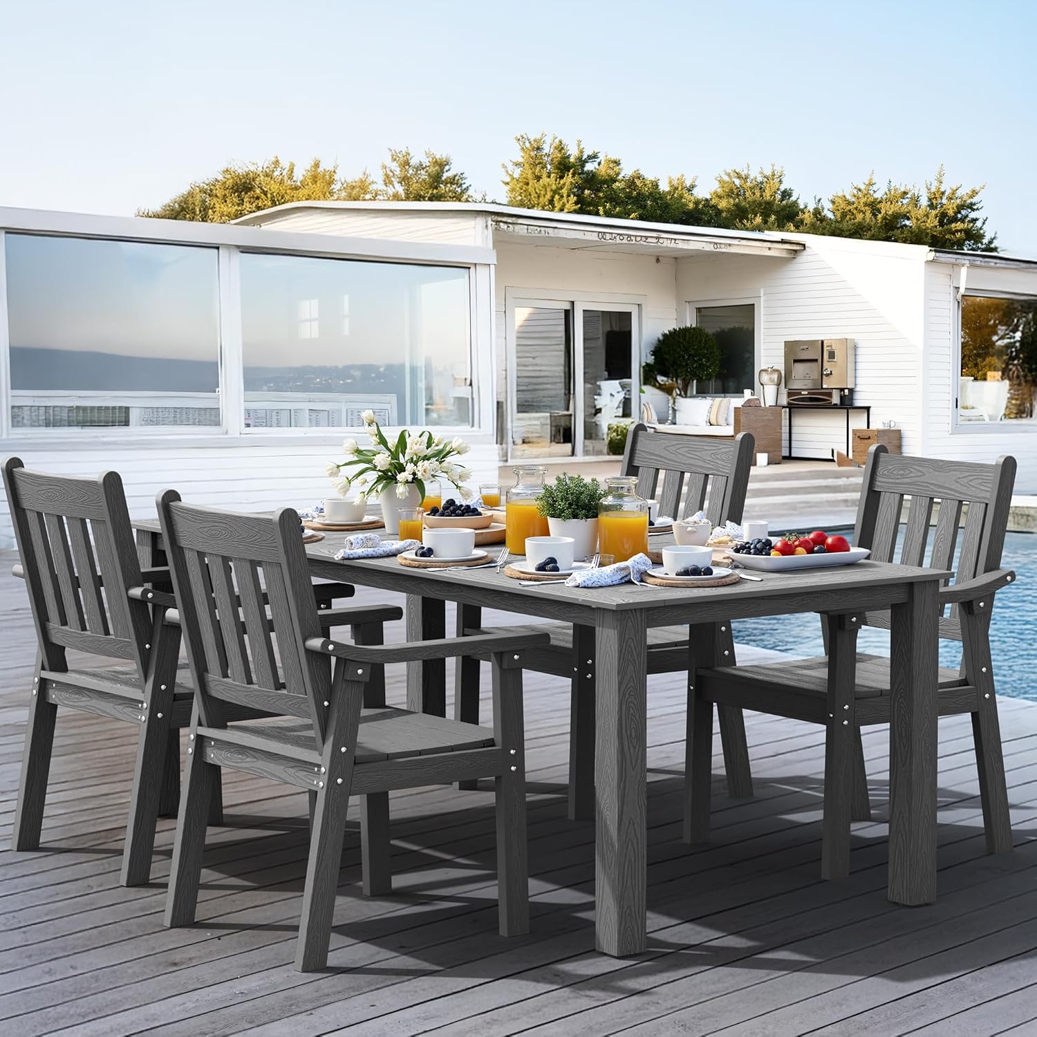 YEFU HIPS Patio Table Set: 7 Piece Outdoor Table and Chairs Dining Furniture Set with Umbrella Hole - Teak Modern Plastic Dining Sets 6 Person for Outside Deck with Metal Aluminum Frame
