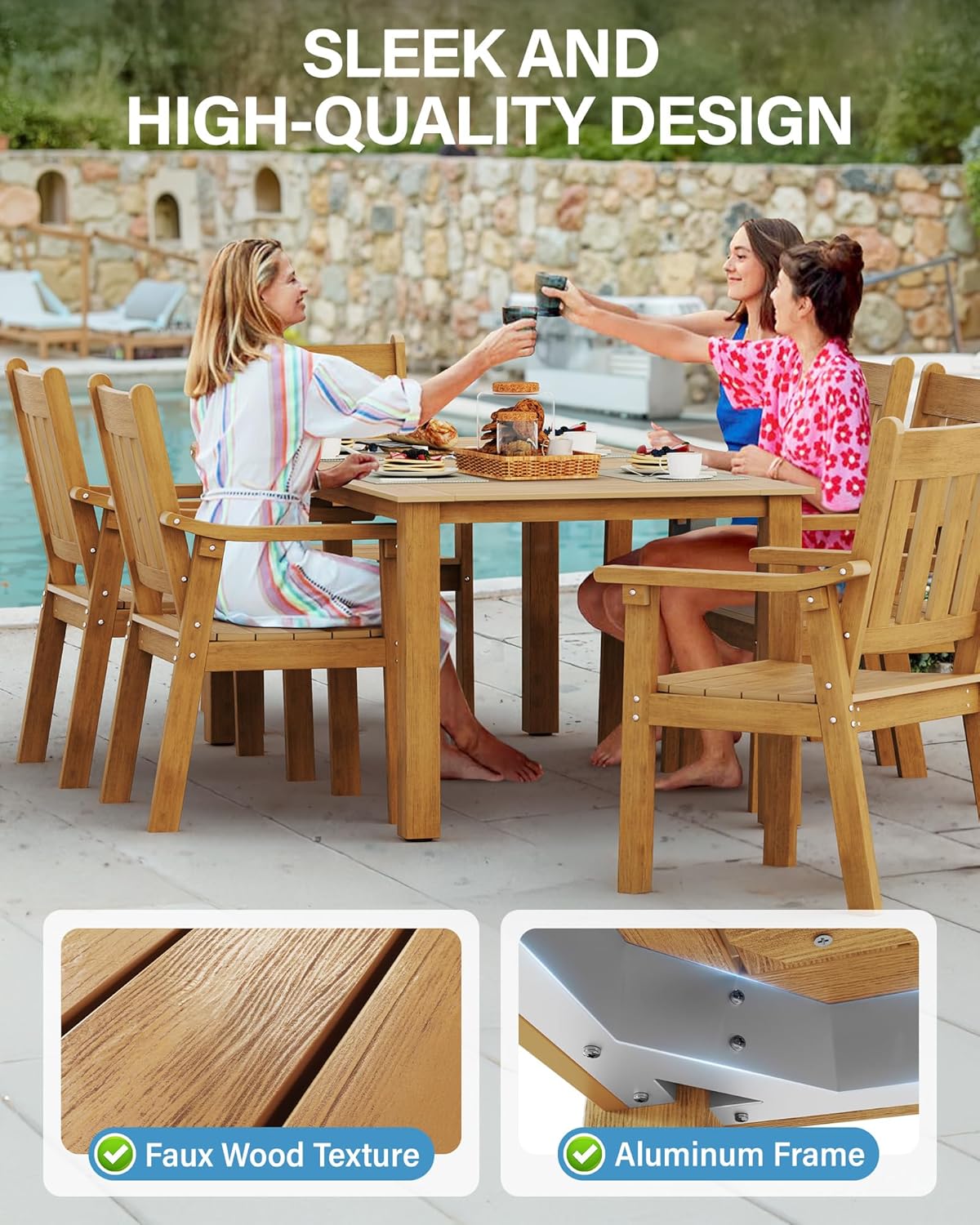 YEFU HIPS Patio Table Set: 7 Piece Outdoor Table and Chairs Dining Furniture Set with Umbrella Hole - Teak Modern Plastic Dining Sets 6 Person for Outside Deck with Metal Aluminum Frame