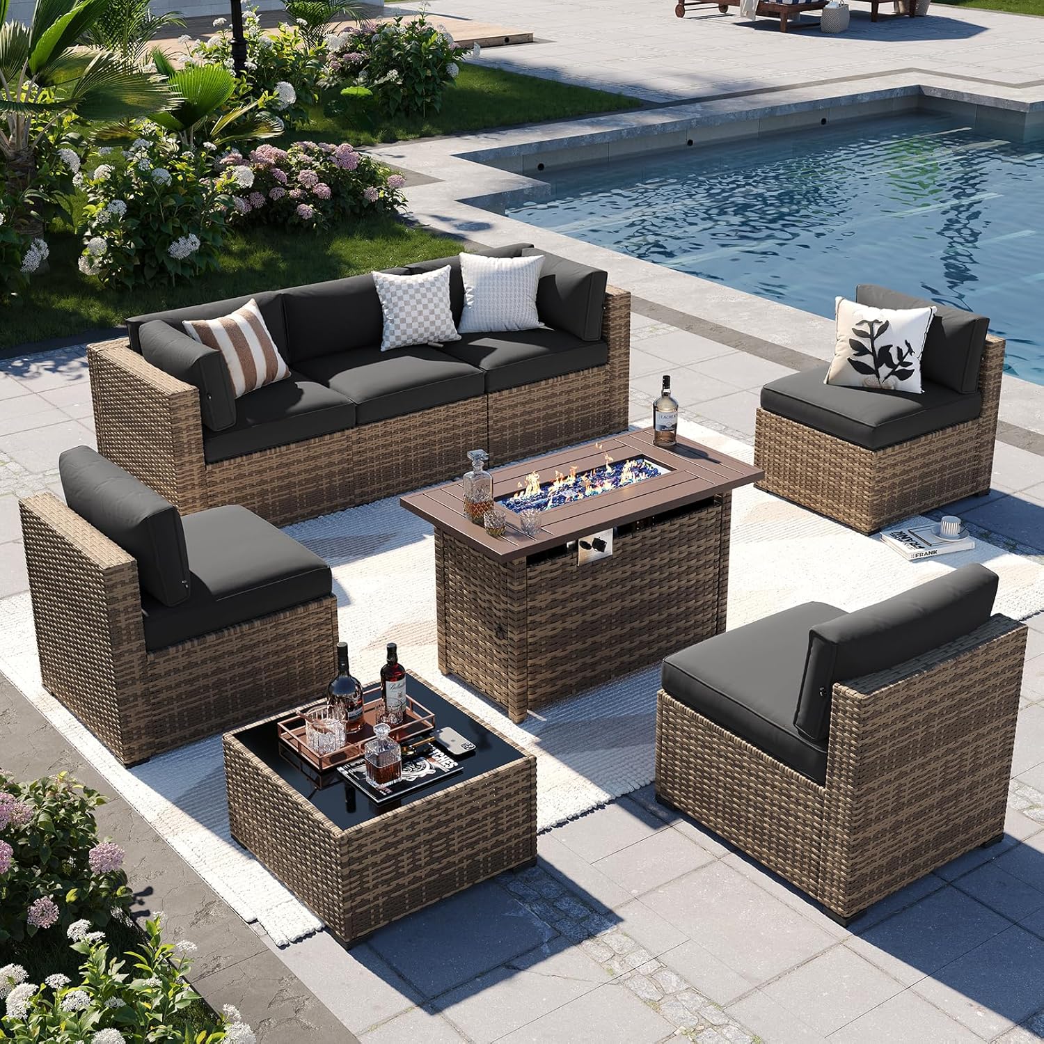 Aoxun Patio Furniture Sets, 7-Piece Outdoor Patio Furniture with Thick Cushions, Wicker Outdoor Conversation Set Sectional Sofa for Backyard, Poolside, Garden
