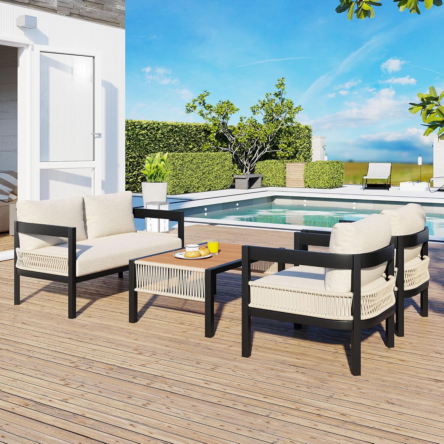 4-Piece Patio Conversation Set, All Weather Sectional Sofa Set w/ 2 Chairs, Loveseat & Table Premium, Acacia Wood Outdoor Furniture Set with Woven Rope Accents and Cushions (Teak+Beige)