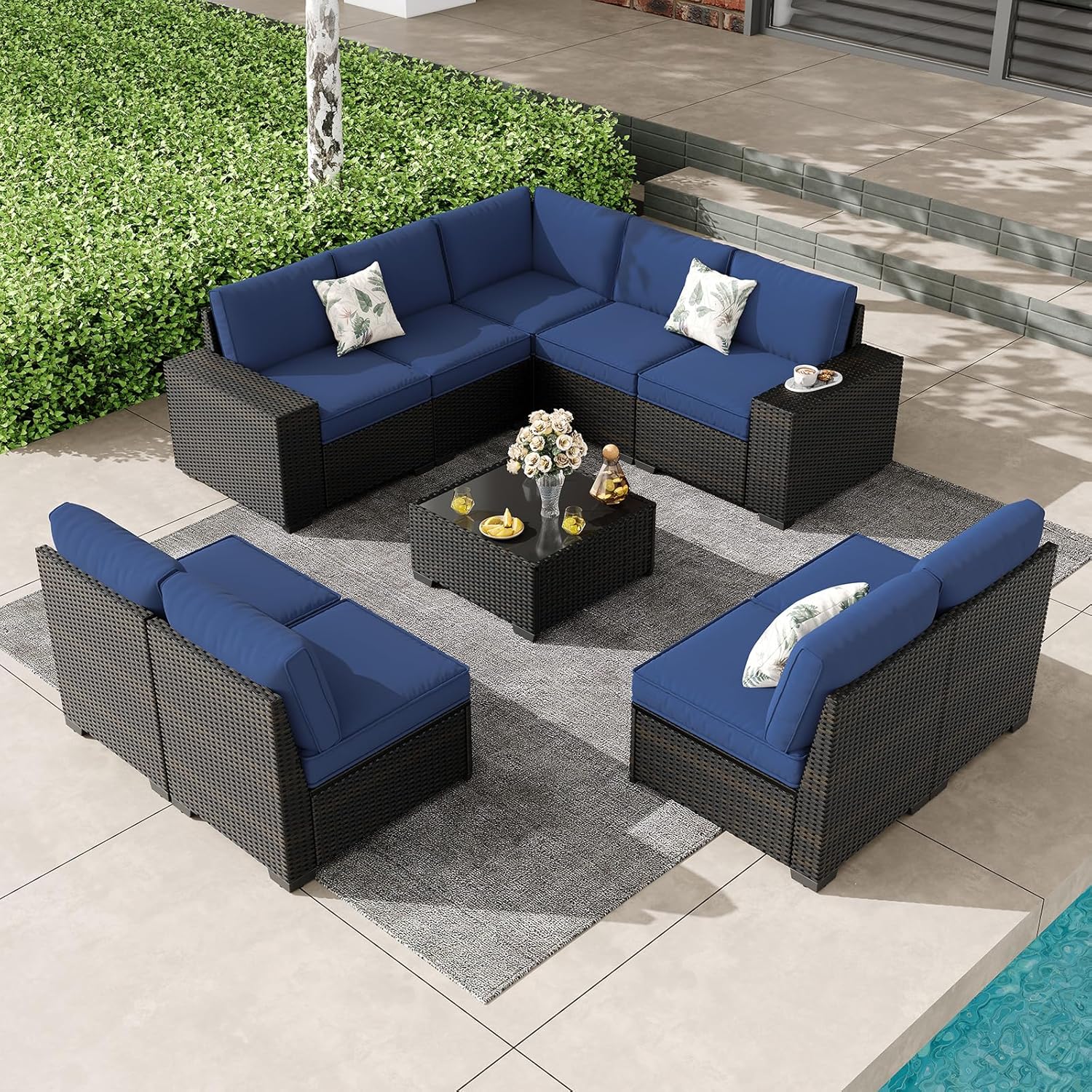 5 Pieces Outdoor Patio Furniture Set, Wicker Conversation Sets with Tea Table, Rattan Patio Sofa with Thick Cushions for Garden, Backyard, Poolside, Party, Beige