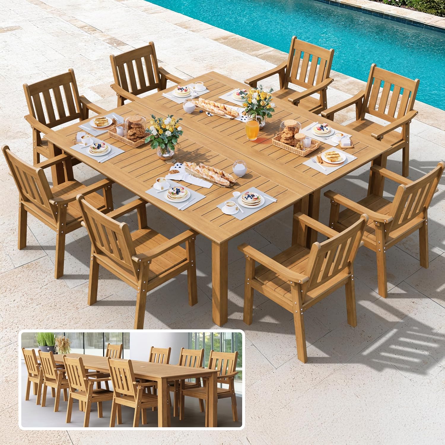 YEFU HIPS Patio Table Set: 7 Piece Outdoor Table and Chairs Dining Furniture Set with Umbrella Hole - Teak Modern Plastic Dining Sets 6 Person for Outside Deck with Metal Aluminum Frame