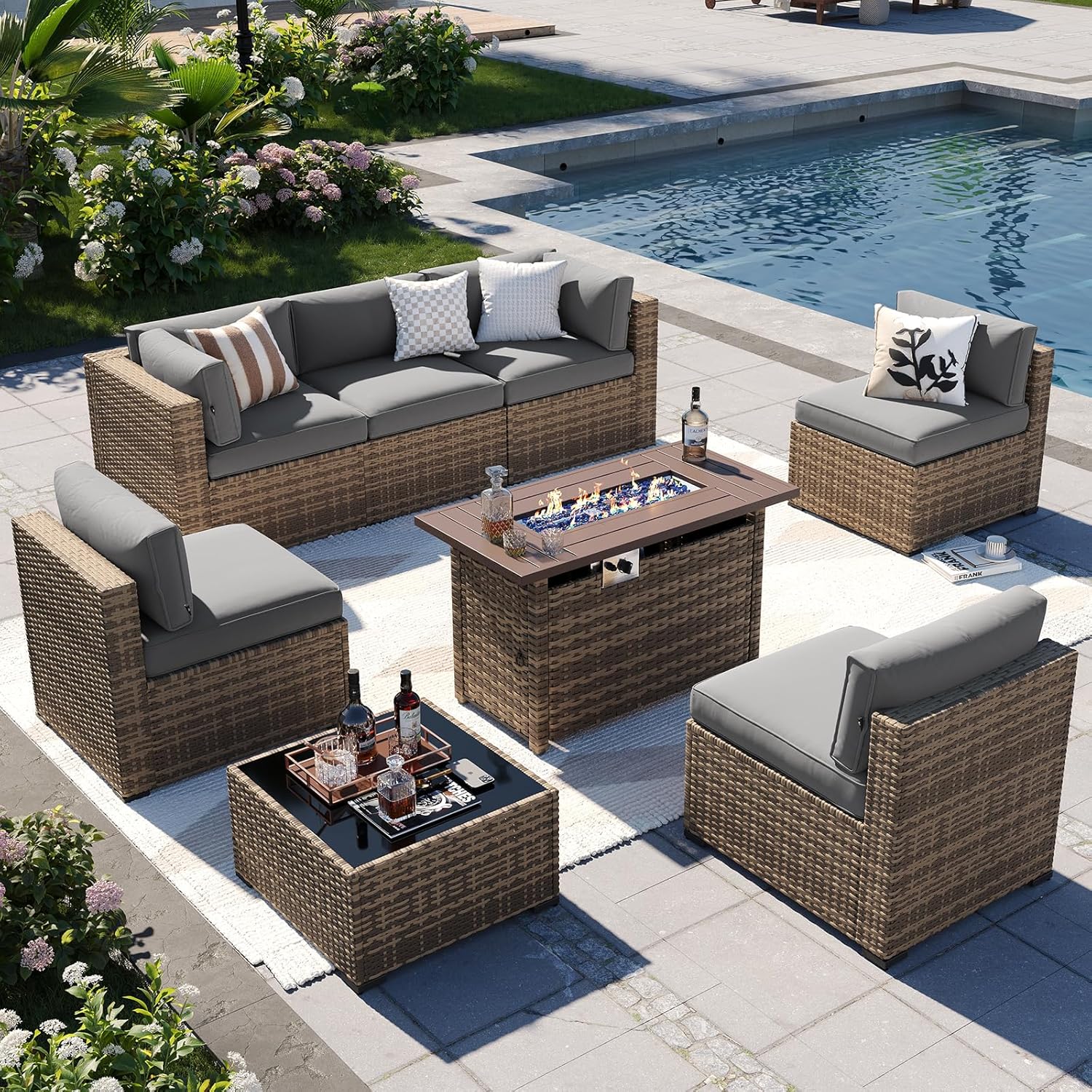 Aoxun Patio Furniture Sets, 7-Piece Outdoor Patio Furniture with Thick Cushions, Wicker Outdoor Conversation Set Sectional Sofa for Backyard, Poolside, Garden