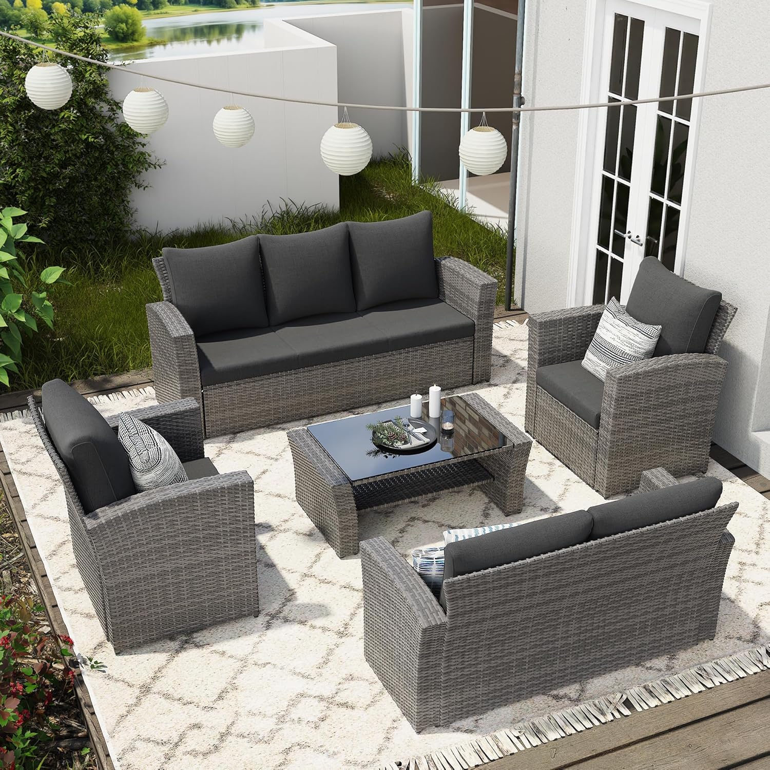 Wisteria Lane 4 Piece Patio Furniture Set, Wicker Outdoor Patio Conversation Furniture Set, All Weather Outdoor Patio Sofa with Cushion and Glass Table, Ash Gray