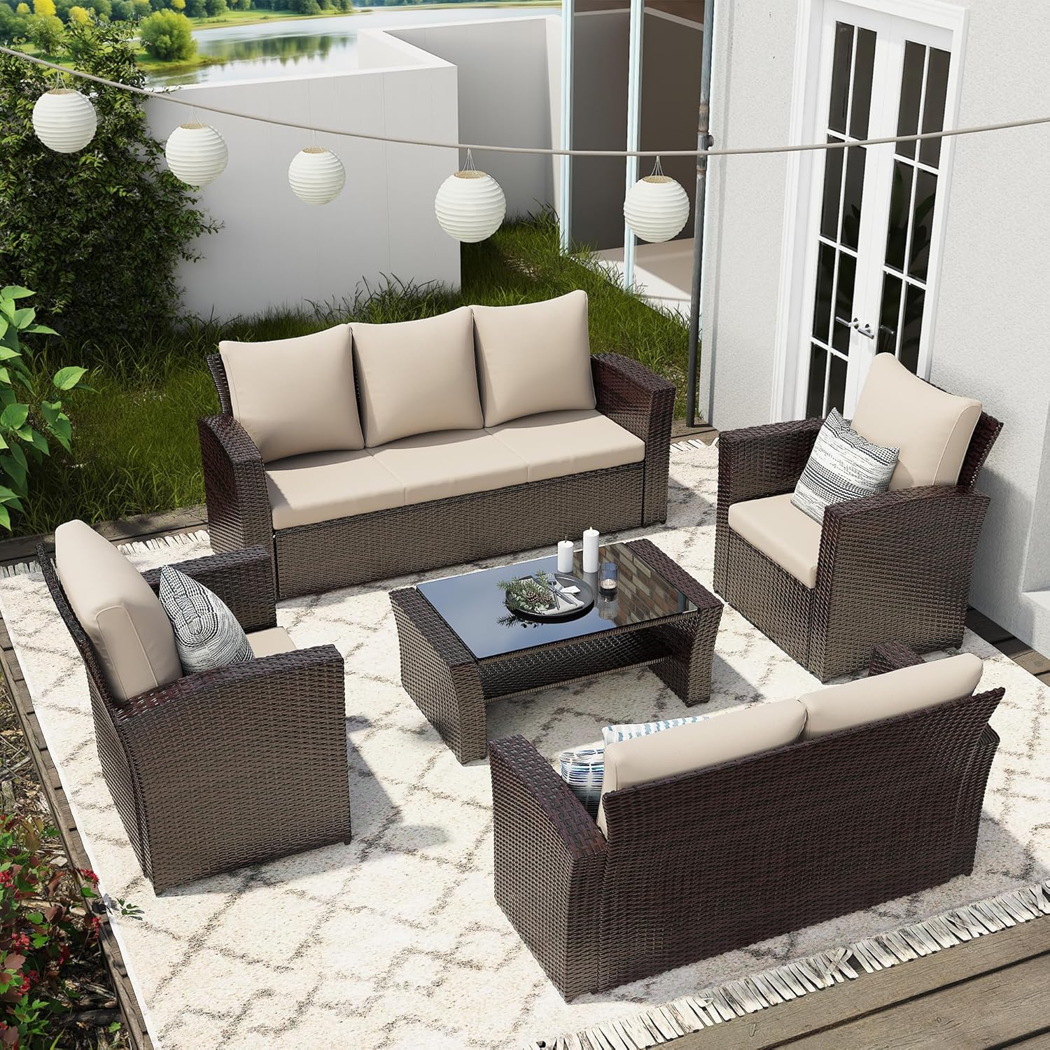 Wisteria Lane 4 Piece Patio Furniture Set, Wicker Outdoor Patio Conversation Furniture Set, All Weather Outdoor Patio Sofa with Cushion and Glass Table, Ash Gray