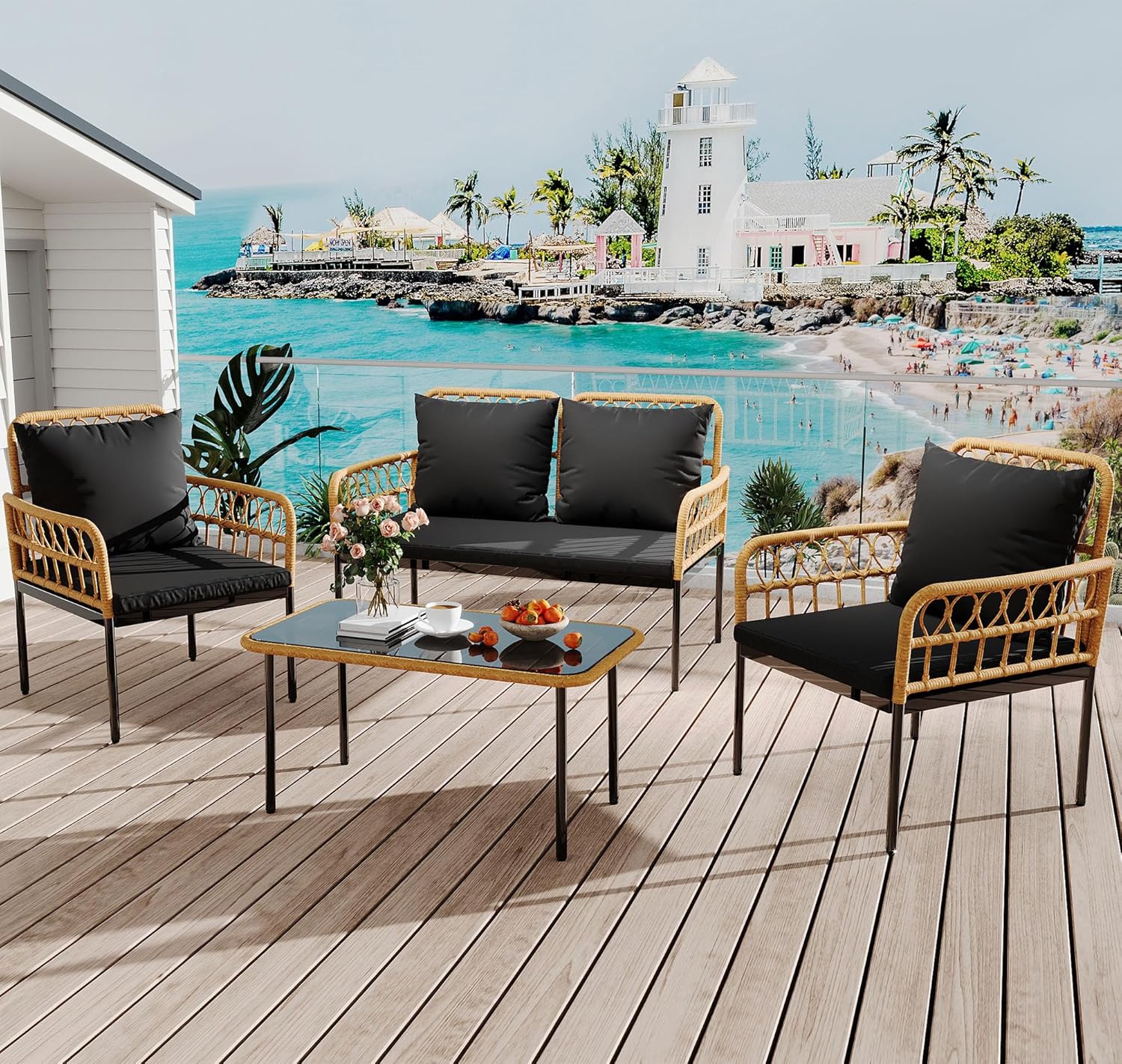 IDEALHOUSE 4-Piece Outdoor Patio Furniture Set, All-Weather PE Rattan Wicker Loveseat & Chairs with Glass Coffee Table & Steel Frame, Boho Conversation Set for Patio, Balcony, Backyard, Beige