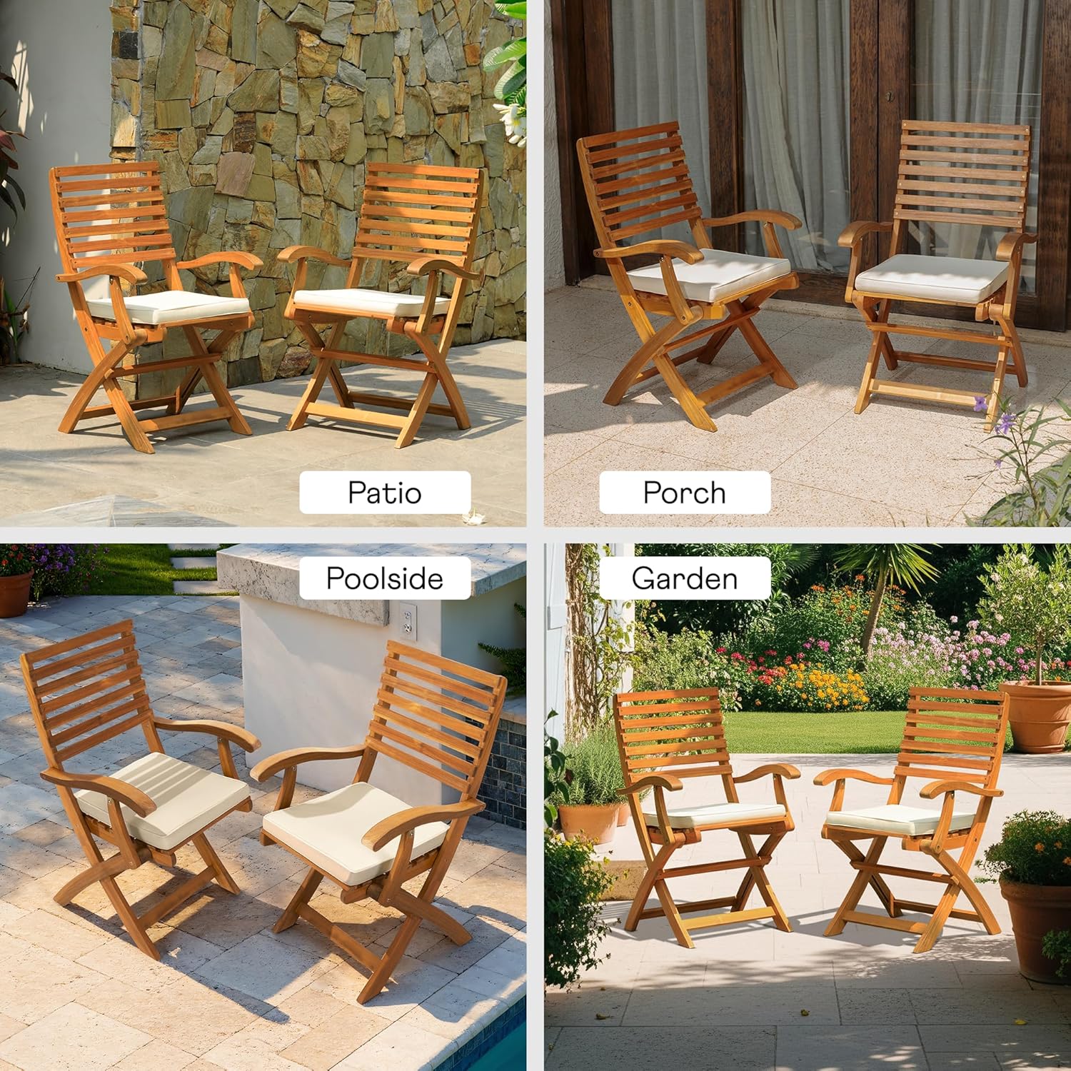 IDZO, Percy Chairs Heavy Duty 400lbs Capacity Set of 2 w/Cushion, FSC Acacia Outdoor Furniture, Teak Finish, Fully Assembled, Wood Folding_Beige