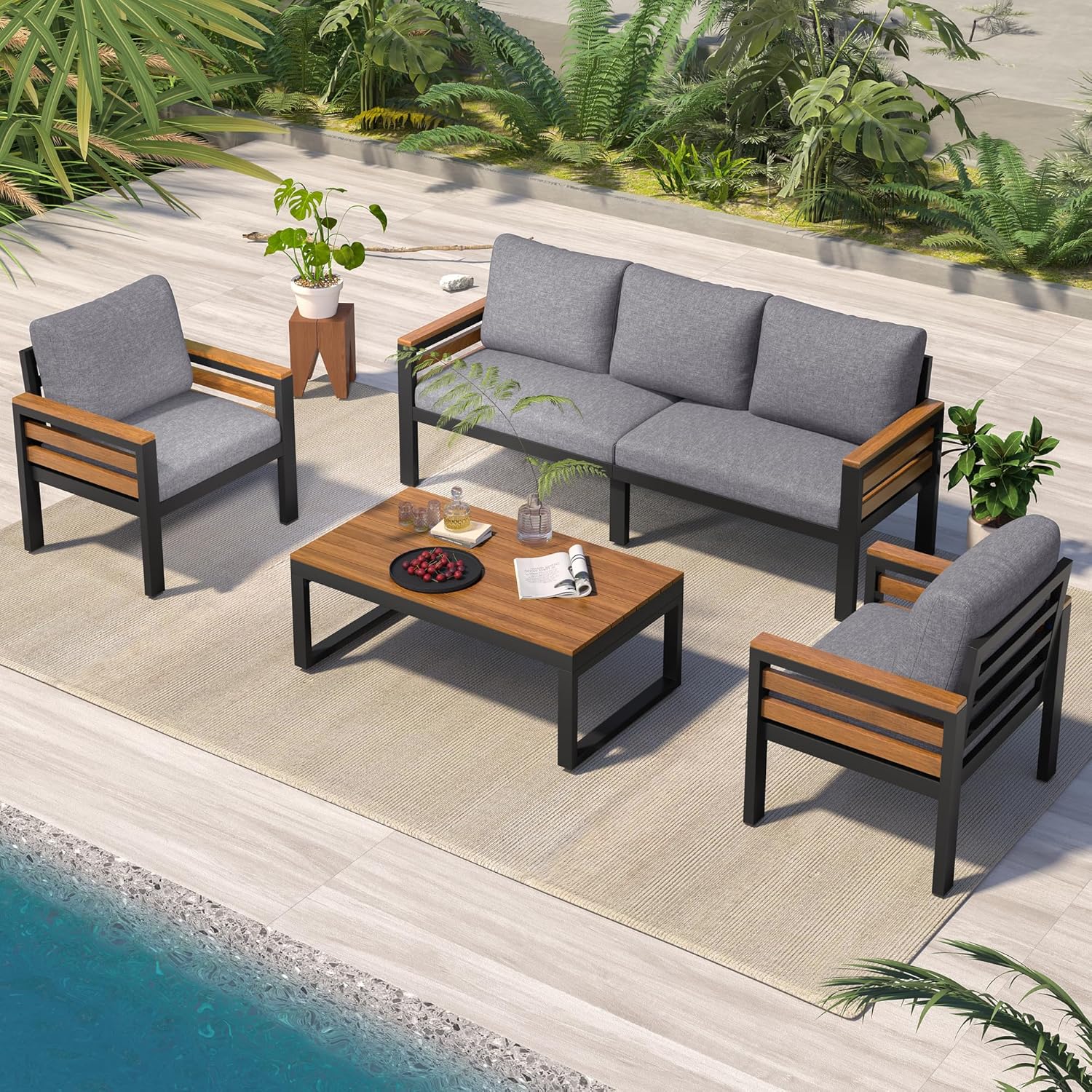 4-Piece Patio Conversation Set, All Weather Sectional Sofa Set w/ 2 Chairs, Loveseat & Table Premium, Acacia Wood Outdoor Furniture Set with Woven Rope Accents and Cushions (Teak+Beige)
