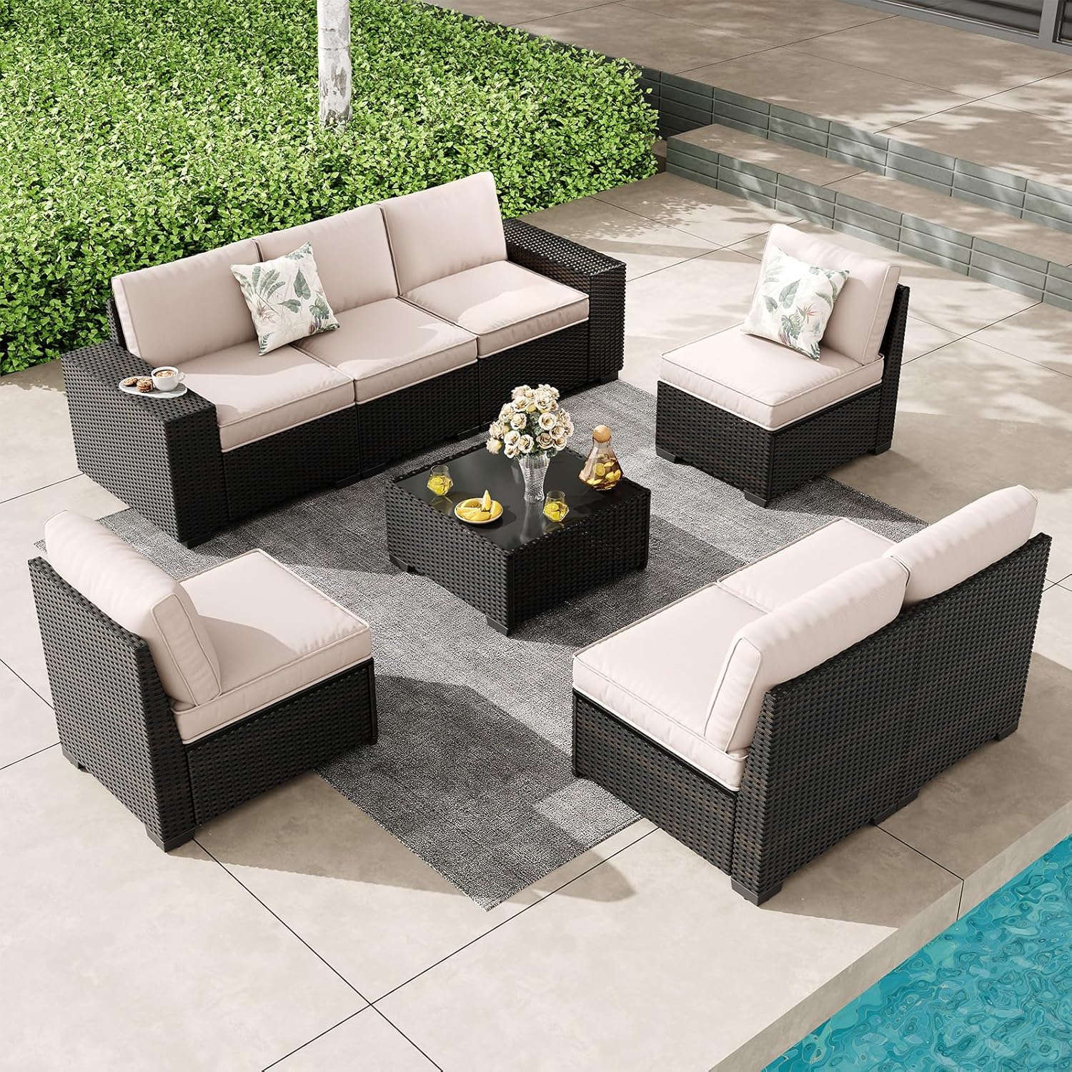 5 Pieces Outdoor Patio Furniture Set, Wicker Conversation Sets with Tea Table, Rattan Patio Sofa with Thick Cushions for Garden, Backyard, Poolside, Party, Beige