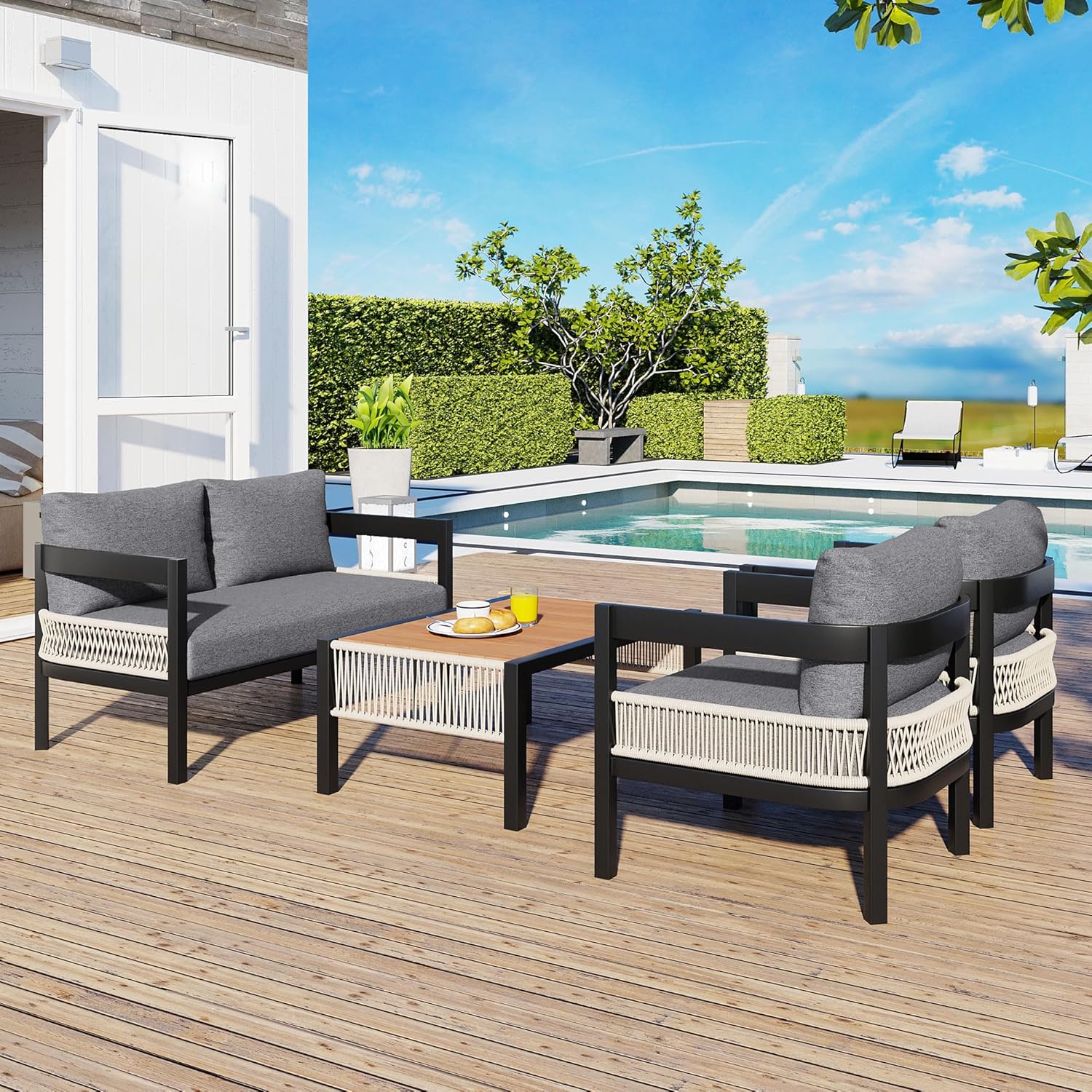 4-Piece Patio Conversation Set, All Weather Sectional Sofa Set w/ 2 Chairs, Loveseat & Table Premium, Acacia Wood Outdoor Furniture Set with Woven Rope Accents and Cushions (Teak+Beige)