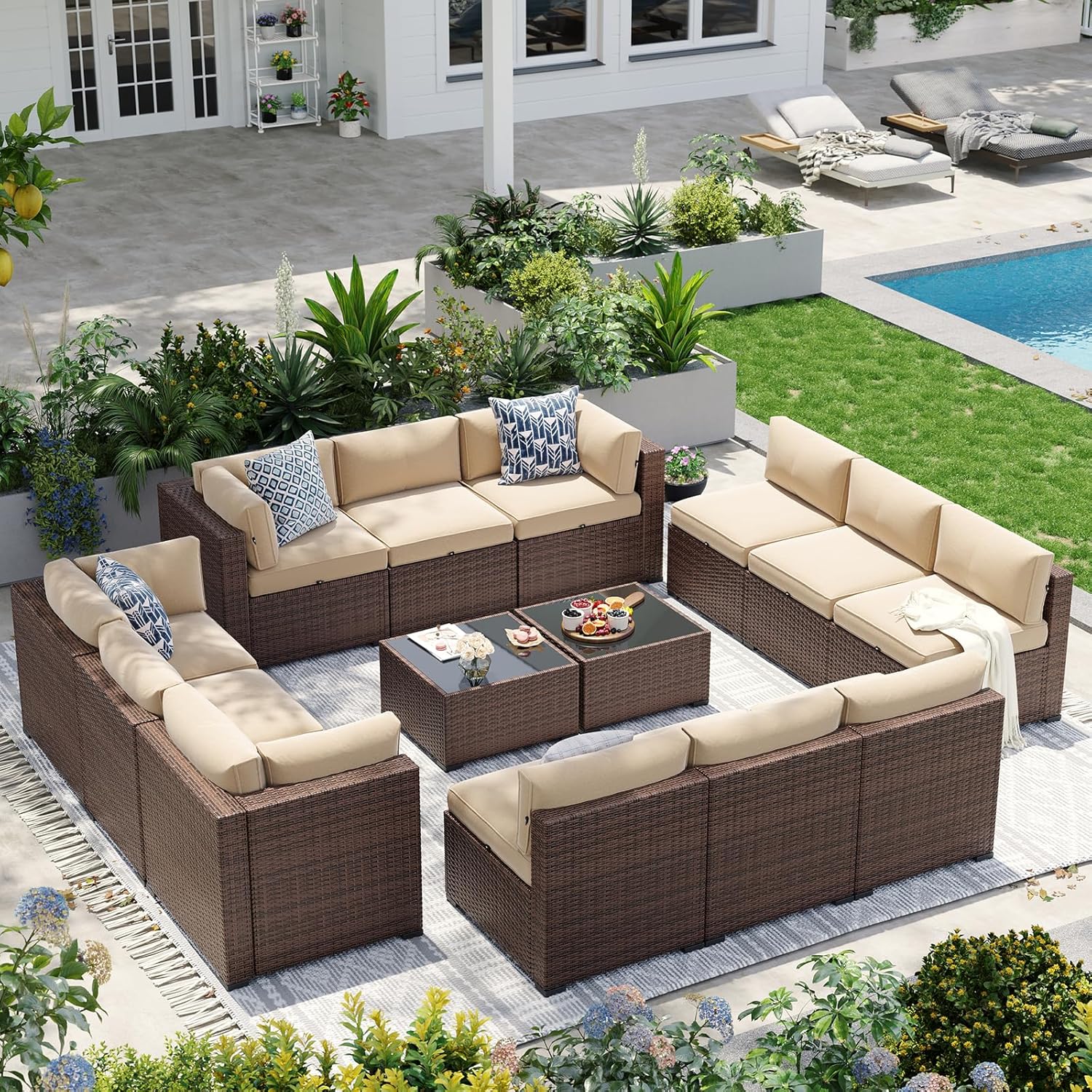 Aoxun Patio Furniture Sets, 7-Piece Outdoor Patio Furniture with Thick Cushions, Wicker Outdoor Conversation Set Sectional Sofa for Backyard, Poolside, Garden