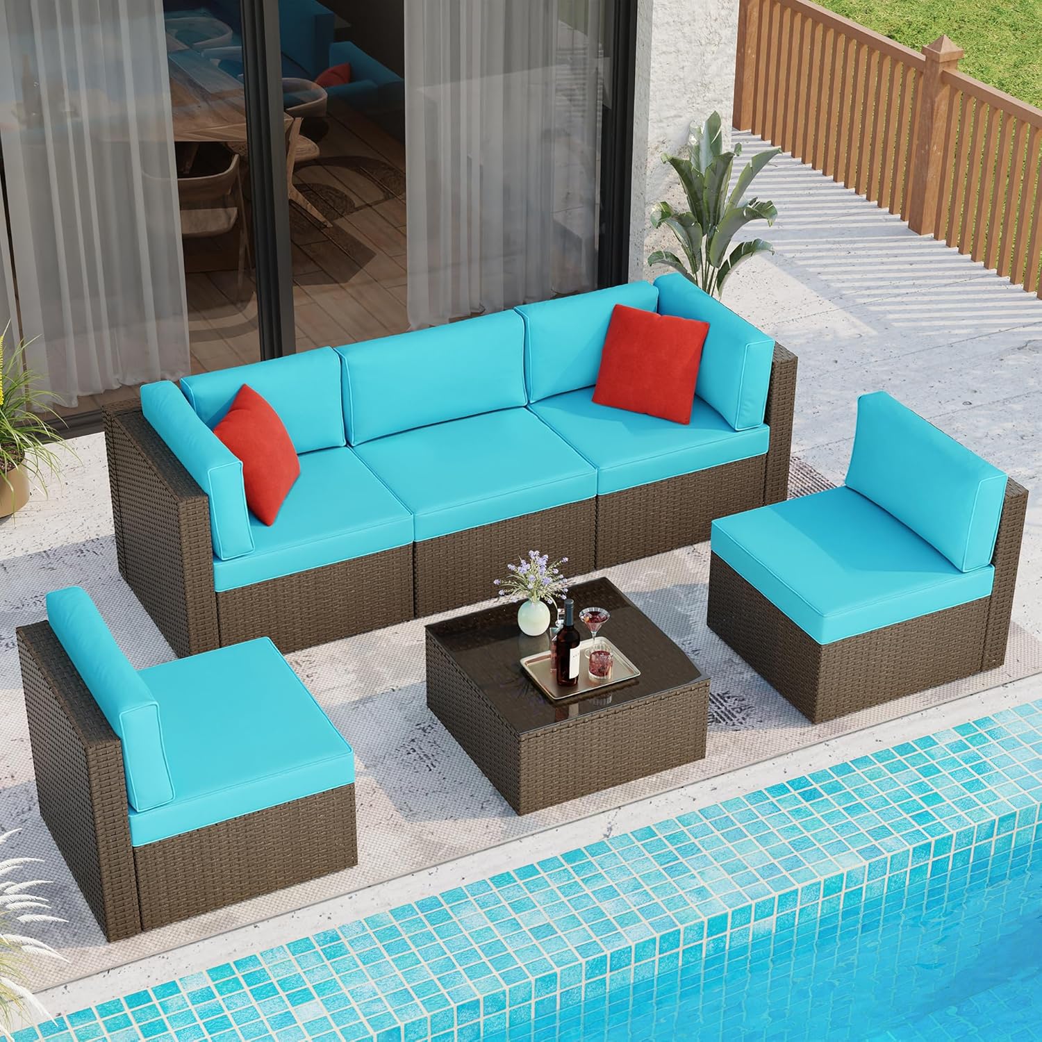 Shintenchi 6 Pieces Patio Furniture Sets Outdoor All-Weather Sectional Patio Sofa Set PE Rattan Manual Weaving Wicker Patio Conversation Set with Glass Table&Ottoman Cushion and Red Pillows, Blue