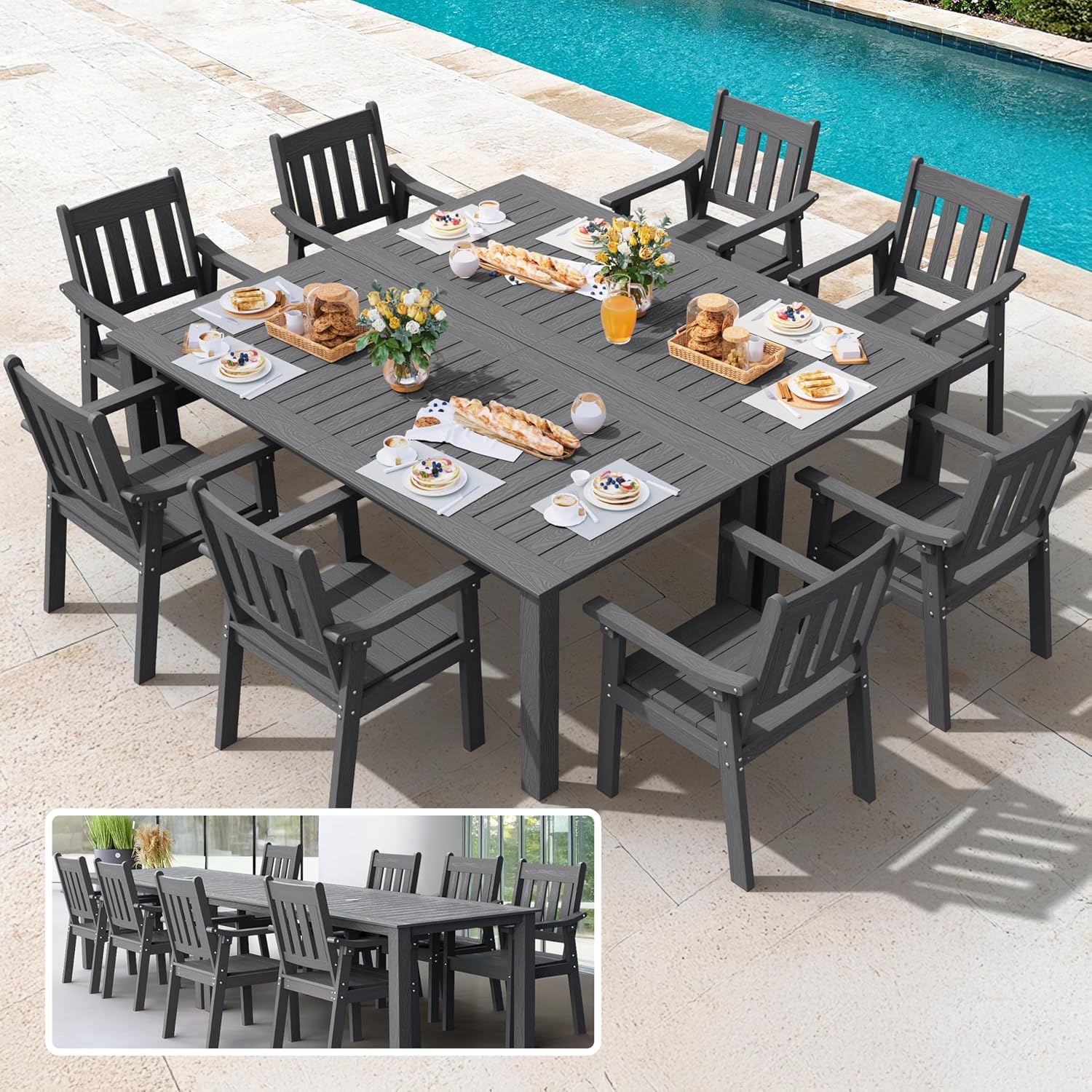 YEFU HIPS Patio Table Set: 7 Piece Outdoor Table and Chairs Dining Furniture Set with Umbrella Hole - Teak Modern Plastic Dining Sets 6 Person for Outside Deck with Metal Aluminum Frame