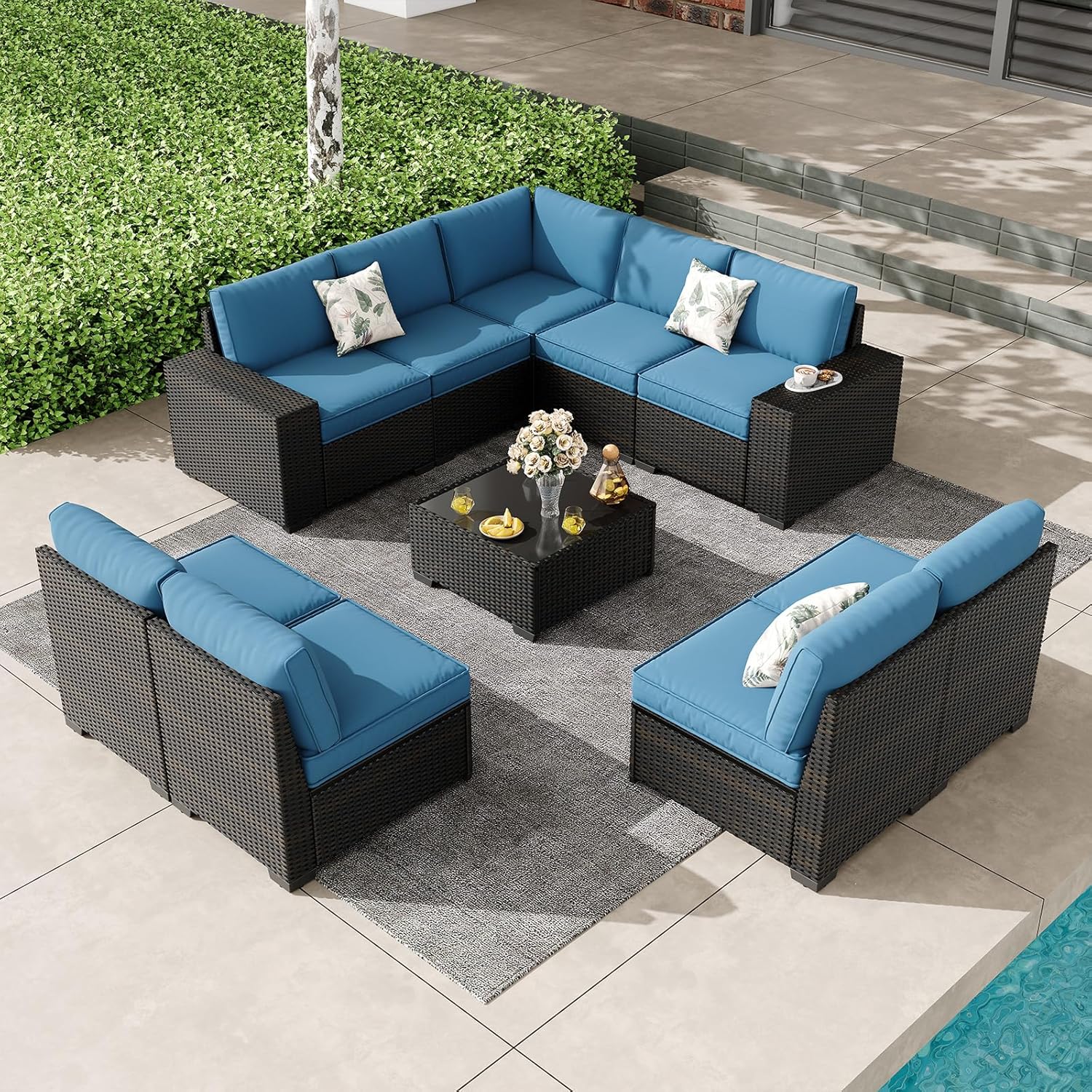 5 Pieces Outdoor Patio Furniture Set, Wicker Conversation Sets with Tea Table, Rattan Patio Sofa with Thick Cushions for Garden, Backyard, Poolside, Party, Beige