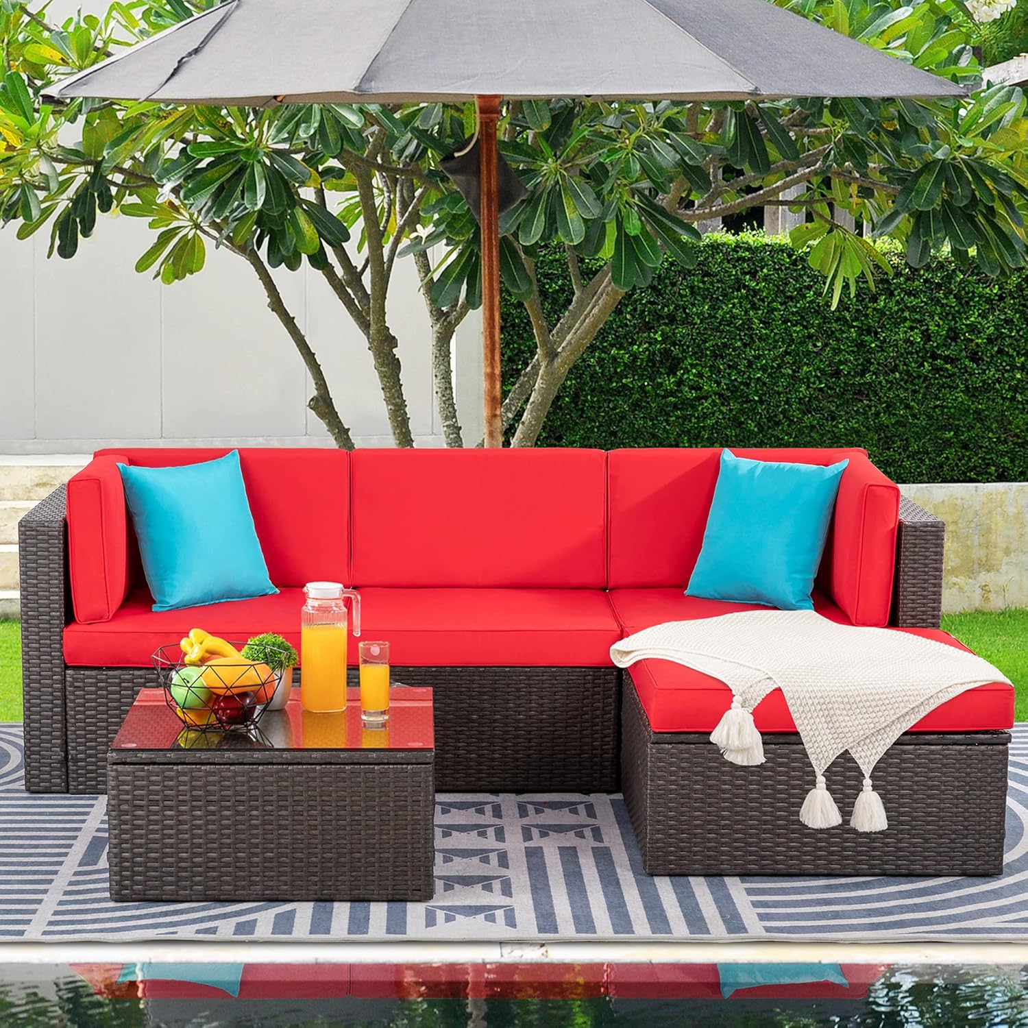 Shintenchi 6 Pieces Patio Furniture Sets Outdoor All-Weather Sectional Patio Sofa Set PE Rattan Manual Weaving Wicker Patio Conversation Set with Glass Table&Ottoman Cushion and Red Pillows, Blue
