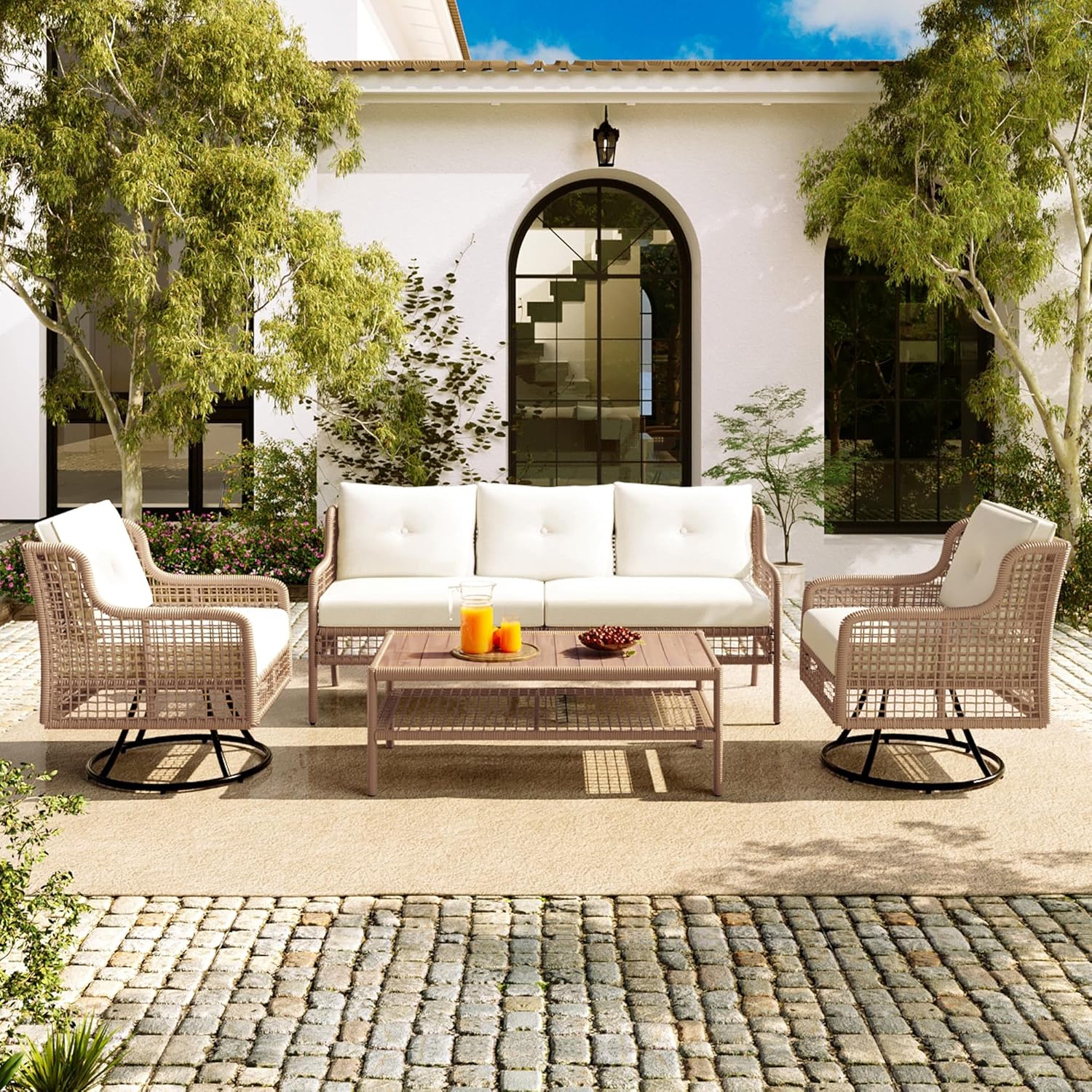 4-Piece Patio Conversation Set, All Weather Sectional Sofa Set w/ 2 Chairs, Loveseat & Table Premium, Acacia Wood Outdoor Furniture Set with Woven Rope Accents and Cushions (Teak+Beige)