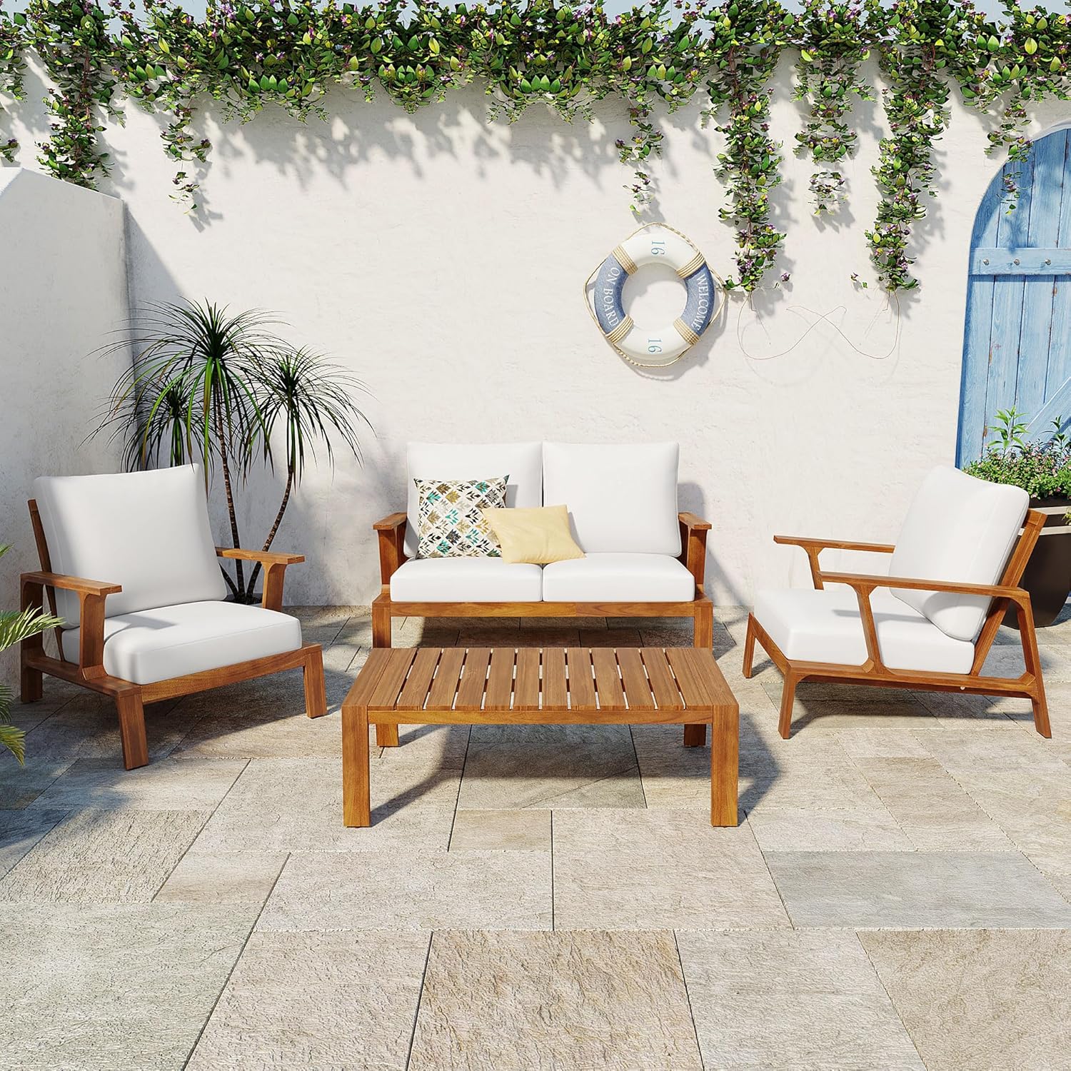 4-Piece Patio Conversation Set, All Weather Sectional Sofa Set w/ 2 Chairs, Loveseat & Table Premium, Acacia Wood Outdoor Furniture Set with Woven Rope Accents and Cushions (Teak+Beige)