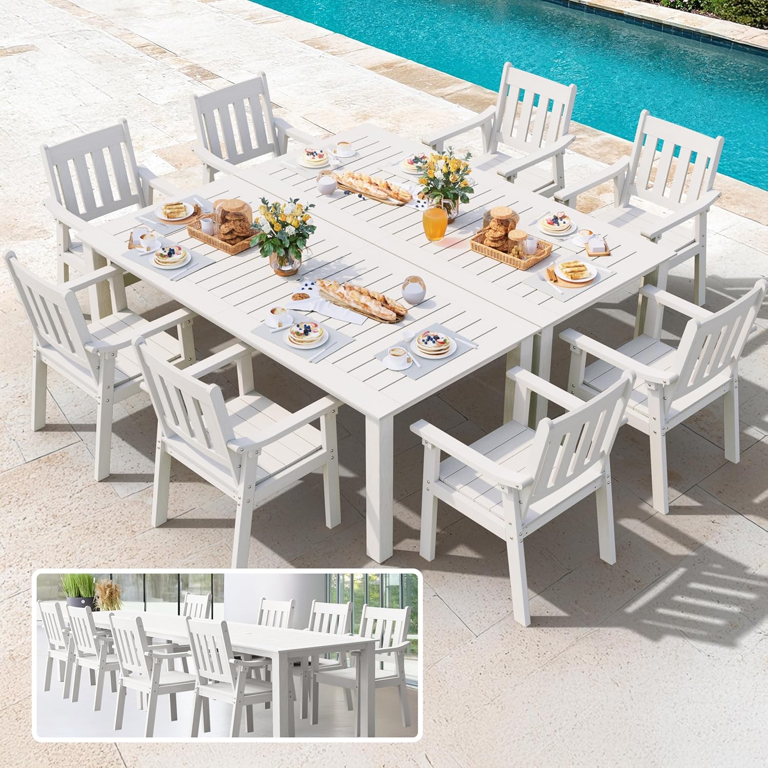 YEFU HIPS Patio Table Set: 7 Piece Outdoor Table and Chairs Dining Furniture Set with Umbrella Hole - Teak Modern Plastic Dining Sets 6 Person for Outside Deck with Metal Aluminum Frame