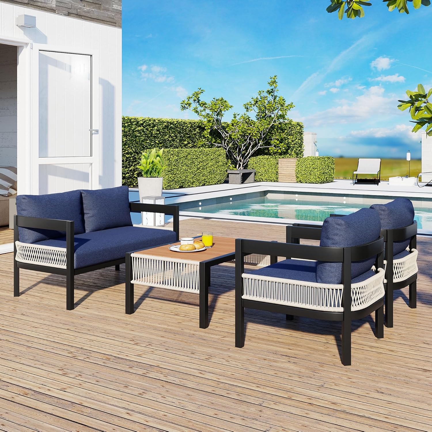 4-Piece Patio Conversation Set, All Weather Sectional Sofa Set w/ 2 Chairs, Loveseat & Table Premium, Acacia Wood Outdoor Furniture Set with Woven Rope Accents and Cushions (Teak+Beige)