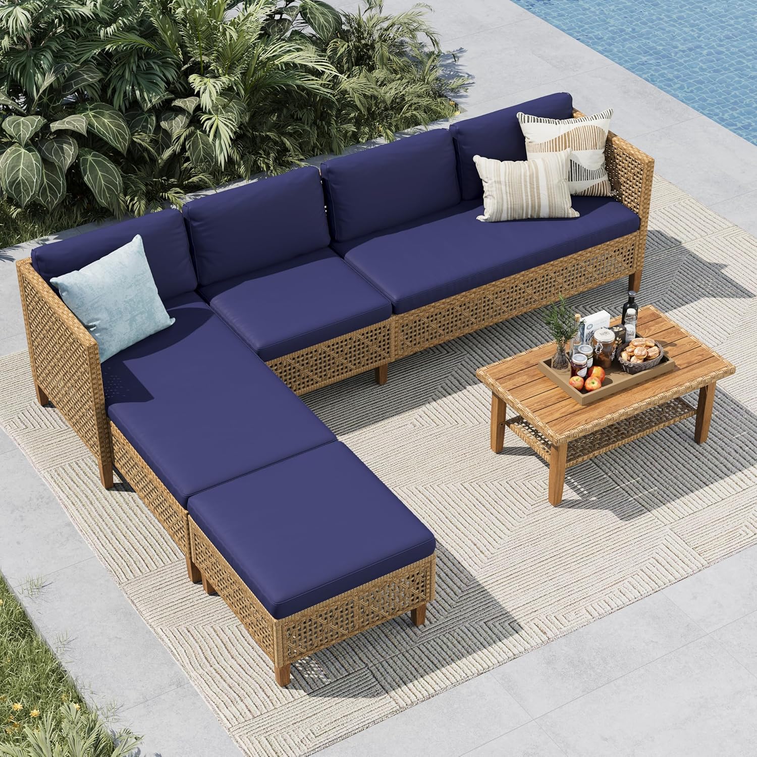 MFSTUDIO L Shaped Outdoor Couch Set, Wicker Patio Furniture Set, Rattan Outdoor Sectional Sofa with Acacia Wood Coffee Table, 3 Pieces Small Patio Conversation Set for Backyard, Beige