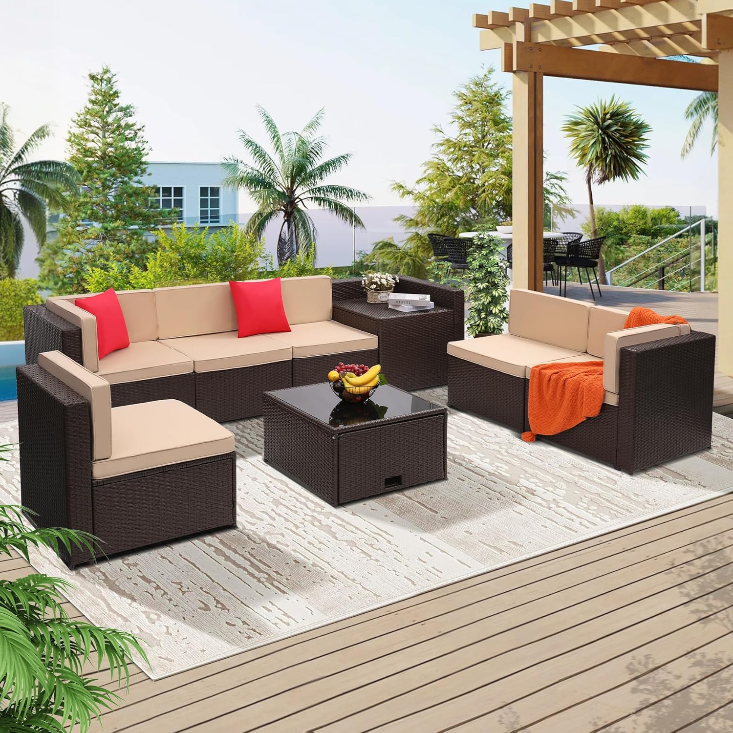 8 Pieces Outdoor Wicker Rattan Patio Furniture Sectional Set, Glass Top Table with Hidden Storage, 7 Sofa Sections, Oversized Cushions, Natural Color Rattan with Black Cushion