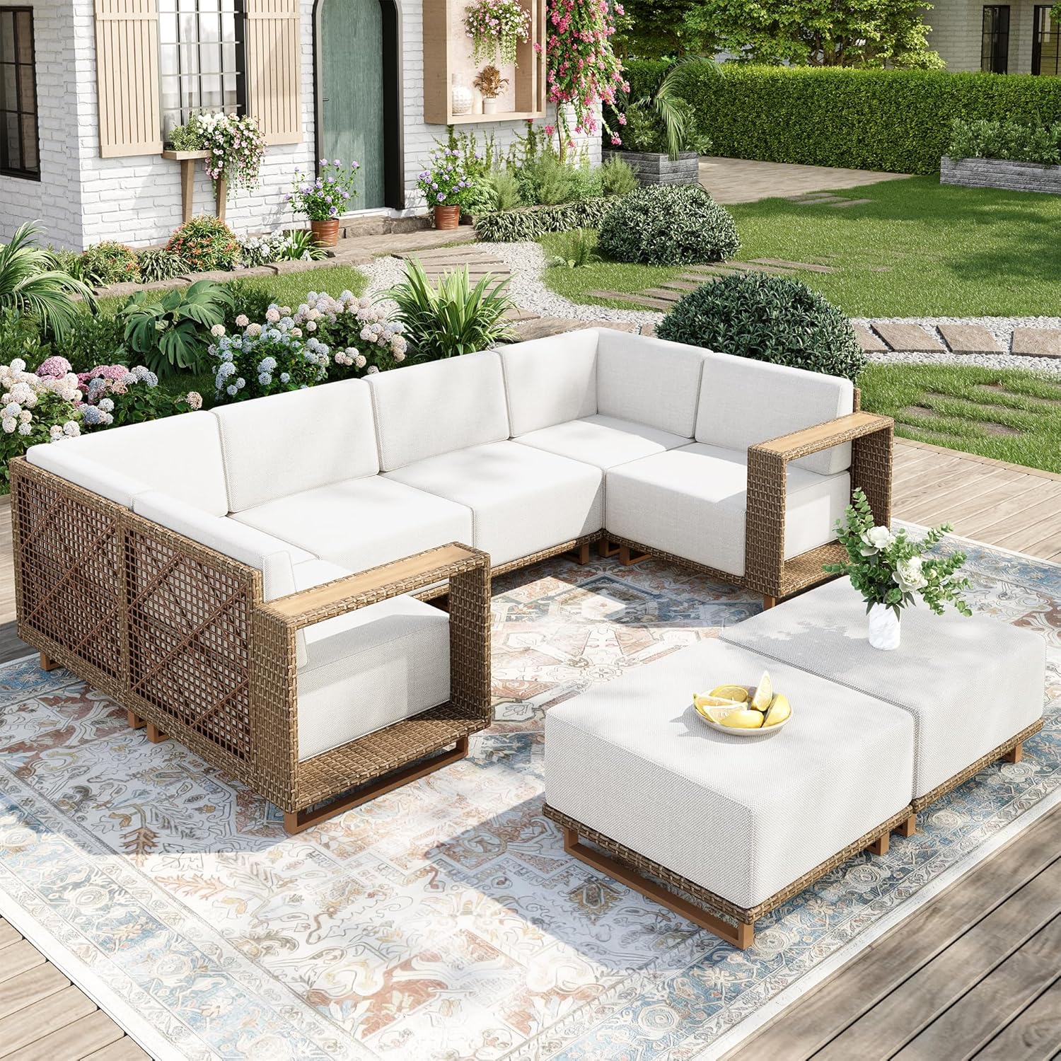 Outdoor Patio Furniture Set, 6 Piece Outdoor Rattan Wicker Couch Set, Conversation Sets with 2 Single Sofas, 2 Armchairs and 2 Ottomans for Deck Backyard Lawn