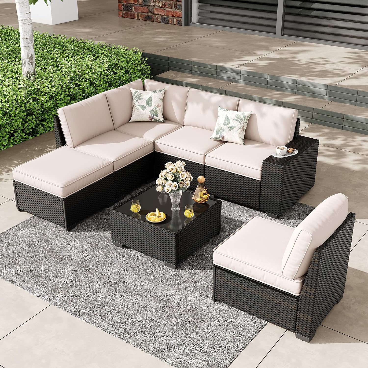 5 Pieces Outdoor Patio Furniture Set, Wicker Conversation Sets with Tea Table, Rattan Patio Sofa with Thick Cushions for Garden, Backyard, Poolside, Party, Beige