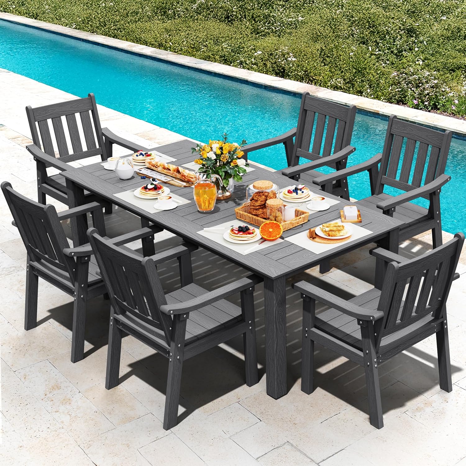 YEFU HIPS Patio Table Set: 7 Piece Outdoor Table and Chairs Dining Furniture Set with Umbrella Hole - Teak Modern Plastic Dining Sets 6 Person for Outside Deck with Metal Aluminum Frame