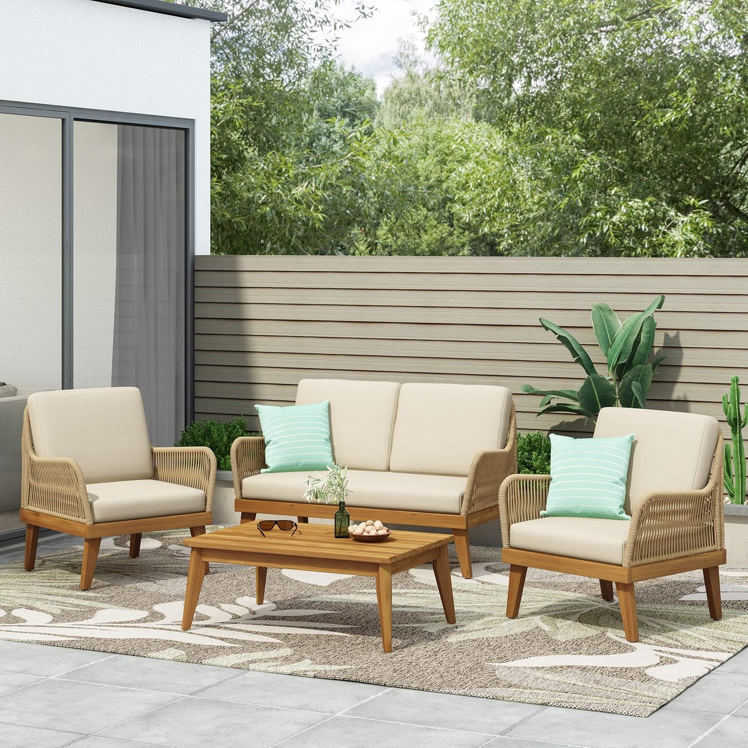 4-Piece Patio Conversation Set, All Weather Sectional Sofa Set w/ 2 Chairs, Loveseat & Table Premium, Acacia Wood Outdoor Furniture Set with Woven Rope Accents and Cushions (Teak+Beige)